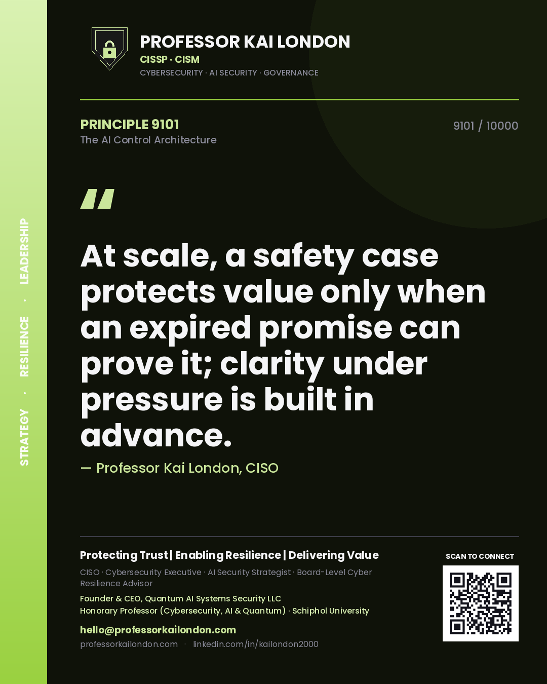 Quote card by Professor Kai London reading 'At scale, a safety case protects value only when an expired promise can prove it; clarity under pressure is built in advance.'. From the book The AI Control Architecture.