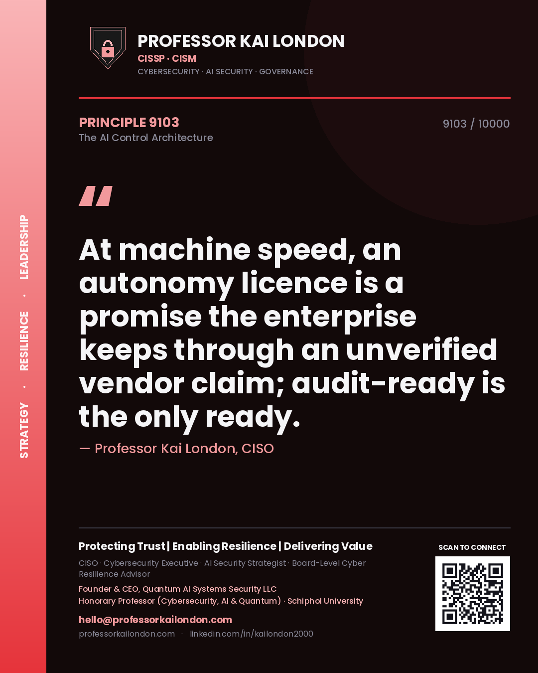 Quote card by Professor Kai London reading 'At machine speed, an autonomy licence is a promise the enterprise keeps through an unverified vendor claim; audit-ready is the only ready.'. From the book The AI Control Architecture.