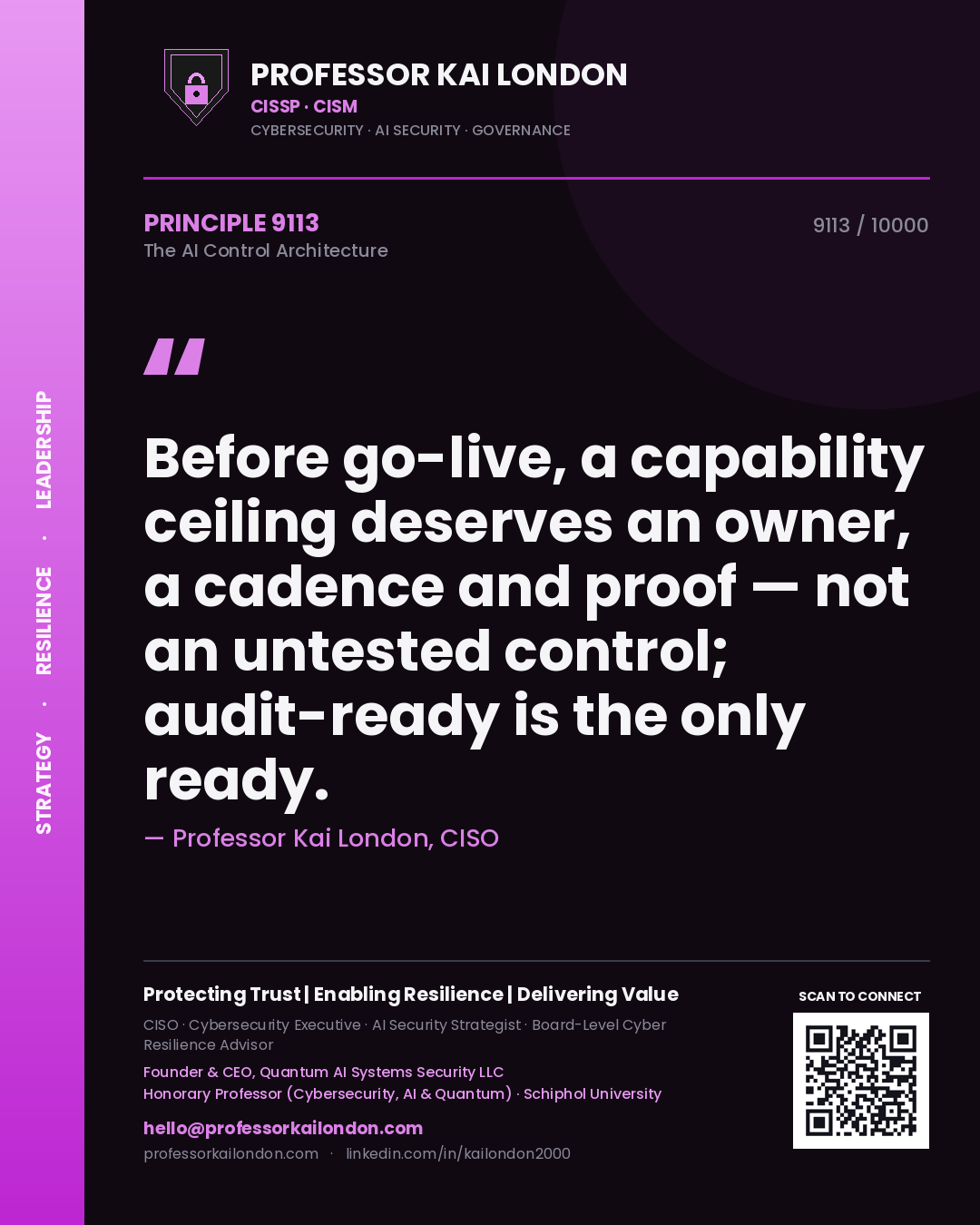 Professor Kai London principle 9113: Before go-live, a capability ceiling deserves an owner, a cadence and proof — not an untested control; audit-ready is the only ready.