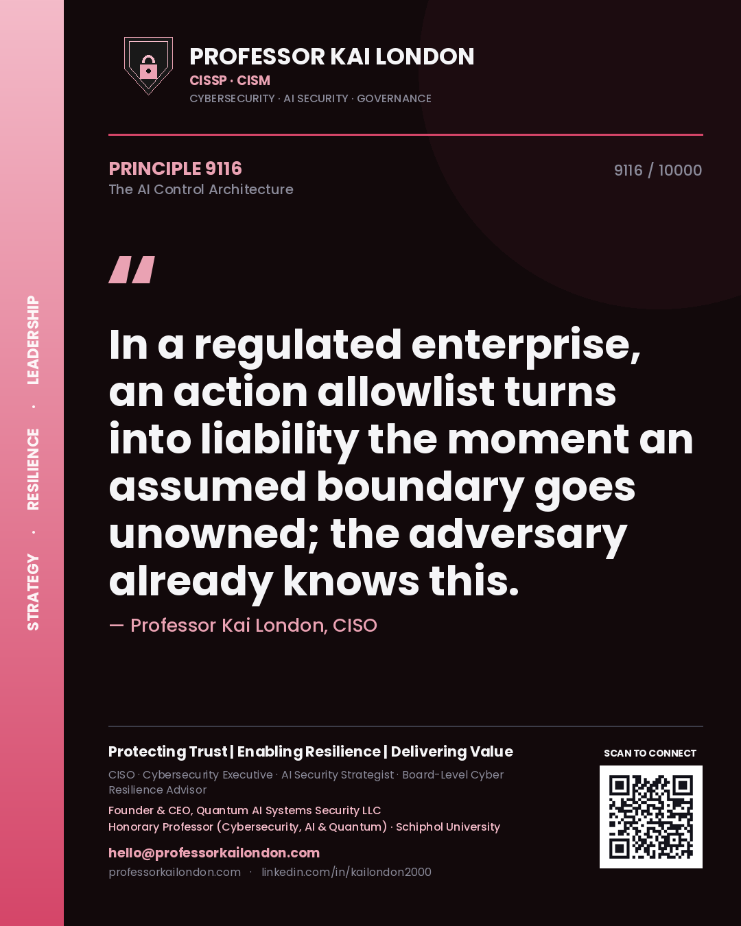 Quote card by Professor Kai London reading 'In a regulated enterprise, an action allowlist turns into liability the moment an assumed boundary goes unowned; the adversary already knows this.'. From the book The AI Control Architecture.