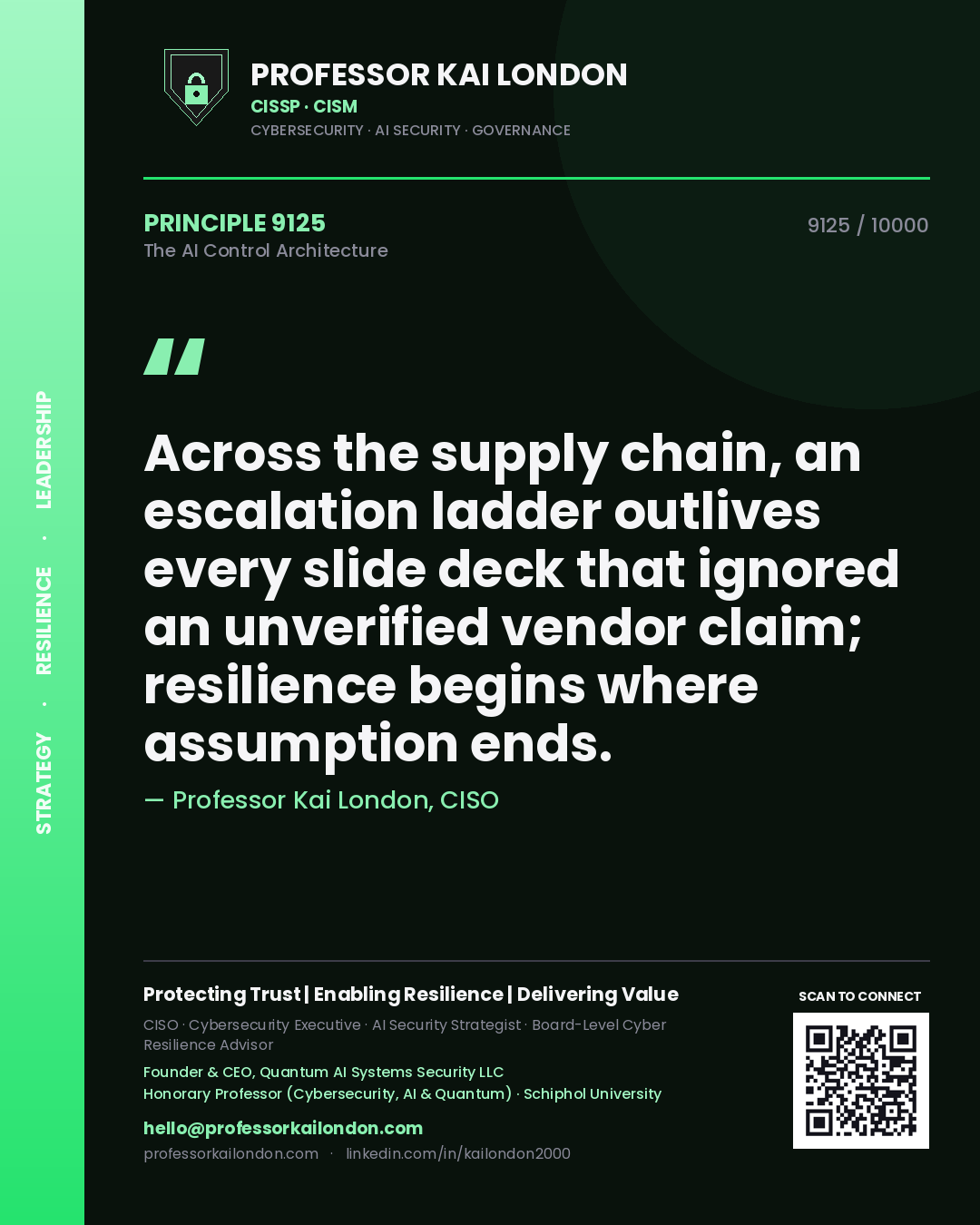 Quote card by Professor Kai London reading 'Across the supply chain, an escalation ladder outlives every slide deck that ignored an unverified vendor claim; resilience begins where assumption ends.'. From the book The AI Control Architecture.
