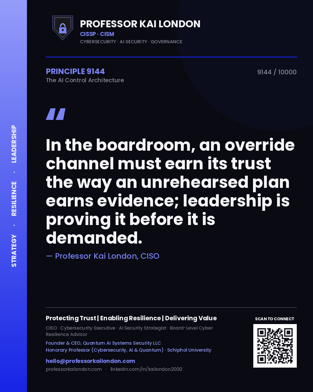 Professor Kai London principle 9144: In the boardroom, an override channel must earn its trust the way an unrehearsed plan earns evidence; leadership is proving it before it is demanded.
