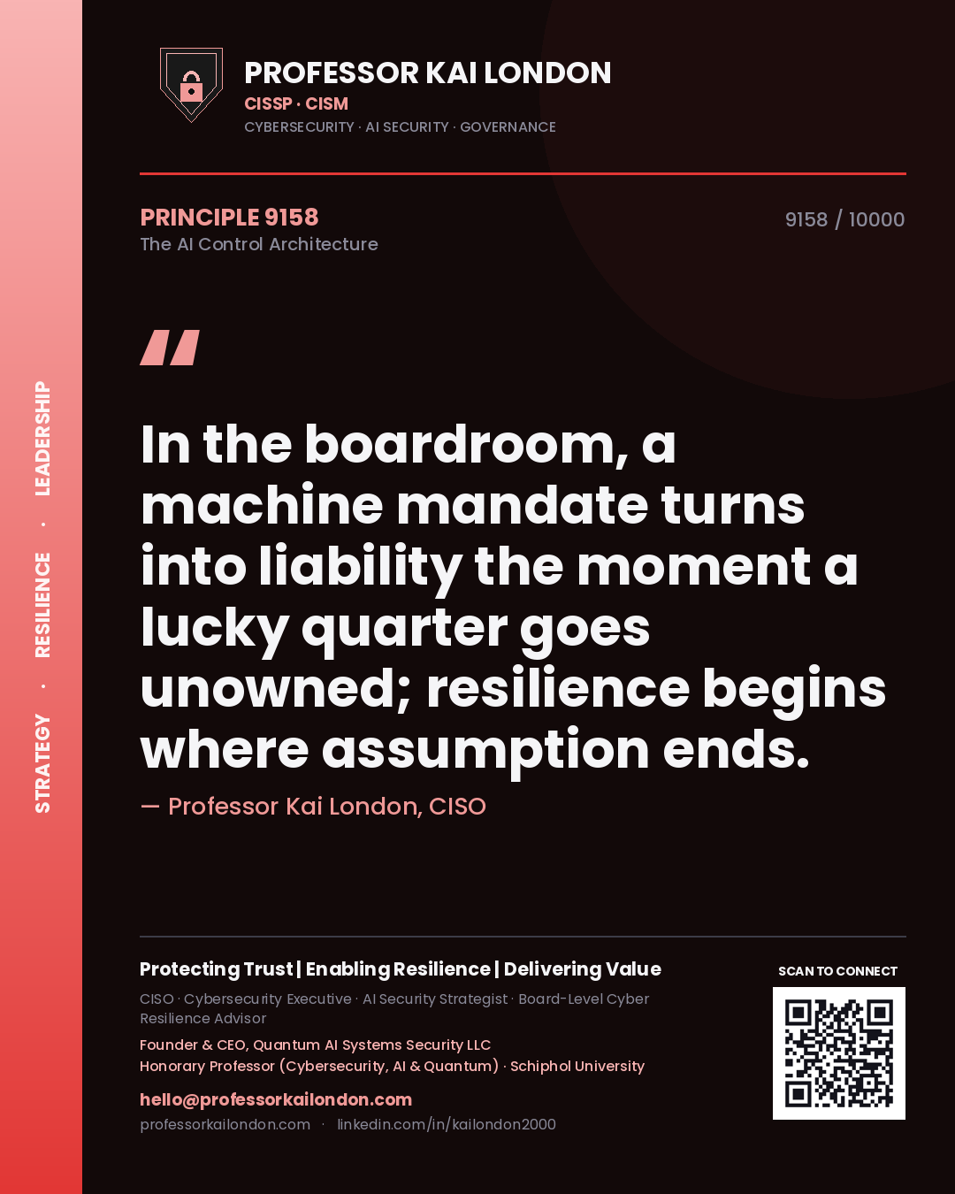 Professor Kai London principle 9158: In the boardroom, a machine mandate turns into liability the moment a lucky quarter goes unowned; resilience begins where assumption ends.