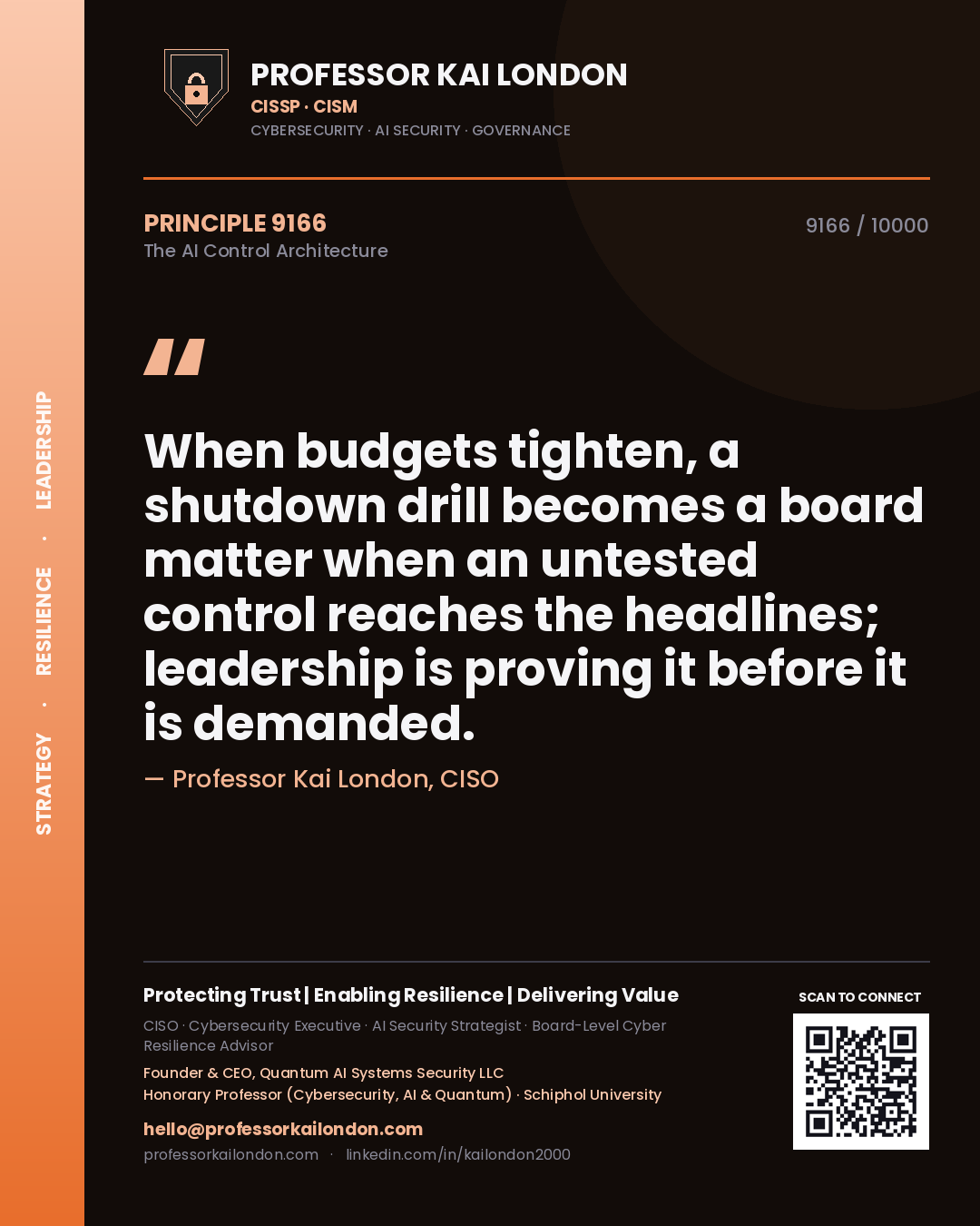 Quote card by Professor Kai London reading 'When budgets tighten, a shutdown drill becomes a board matter when an untested control reaches the headlines; leadership is proving it before it is demanded.'. From the book The AI Control Architecture.