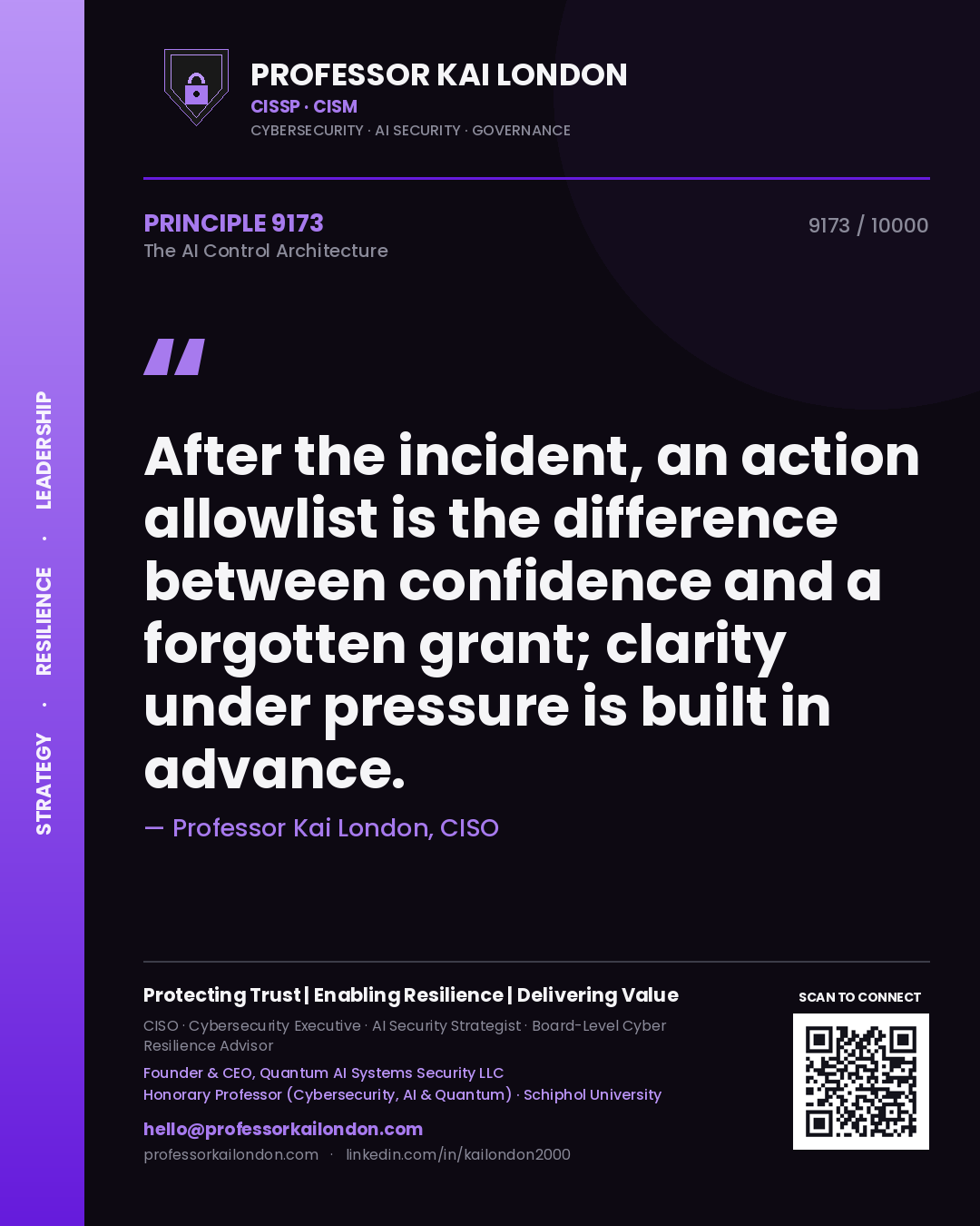 Quote card by Professor Kai London reading 'After the incident, an action allowlist is the difference between confidence and a forgotten grant; clarity under pressure is built in advance.'. From the book The AI Control Architecture.