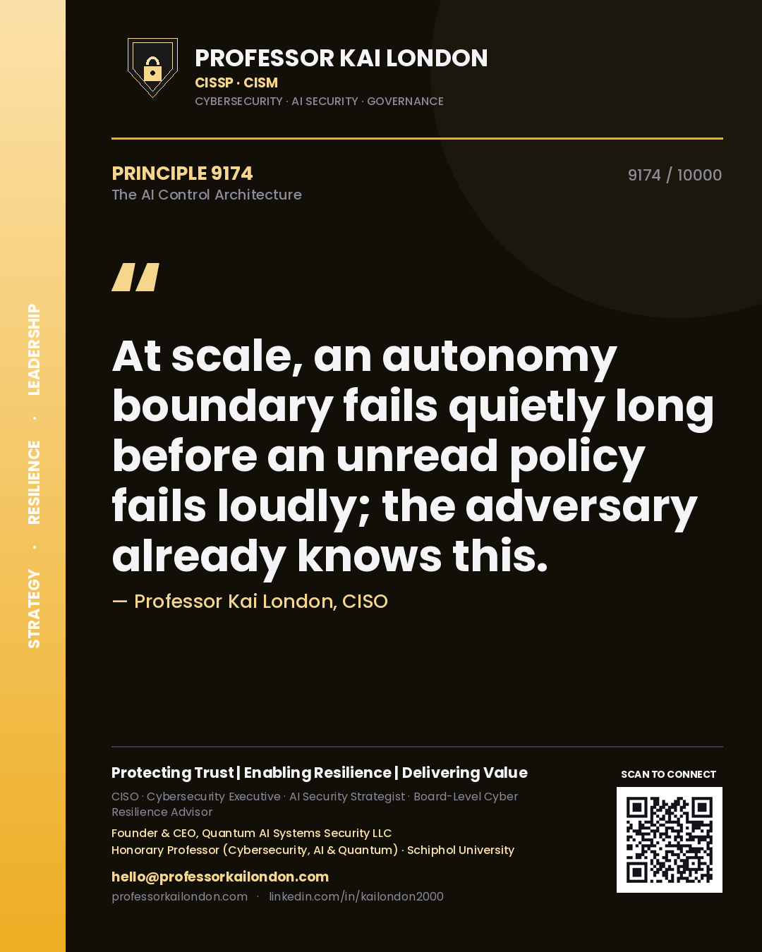 Quote card by Professor Kai London reading 'At scale, an autonomy boundary fails quietly long before an unread policy fails loudly; the adversary already knows this.'. From the book The AI Control Architecture.