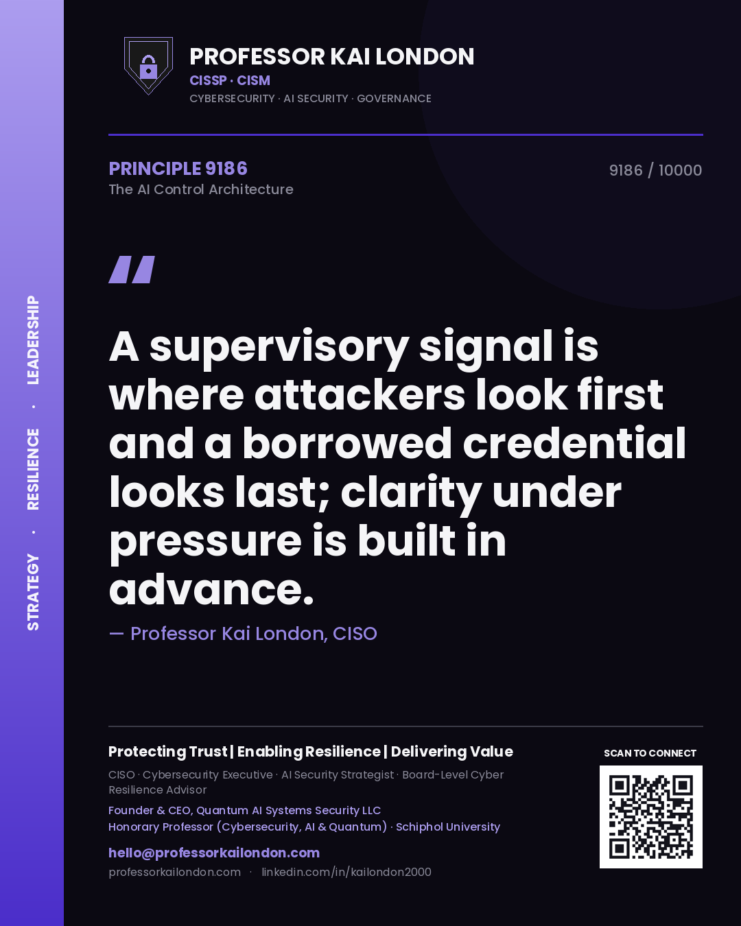 Professor Kai London principle 9186: A supervisory signal is where attackers look first and a borrowed credential looks last; clarity under pressure is built in advance.