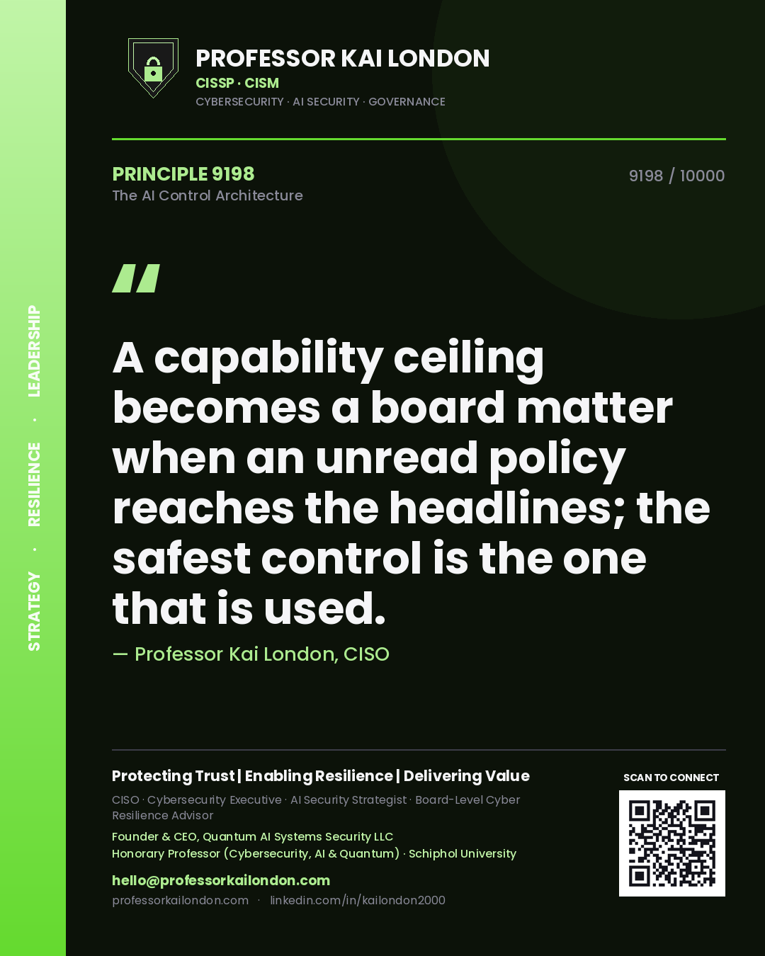 Professor Kai London principle 9198: A capability ceiling becomes a board matter when an unread policy reaches the headlines; the safest control is the one that is used.