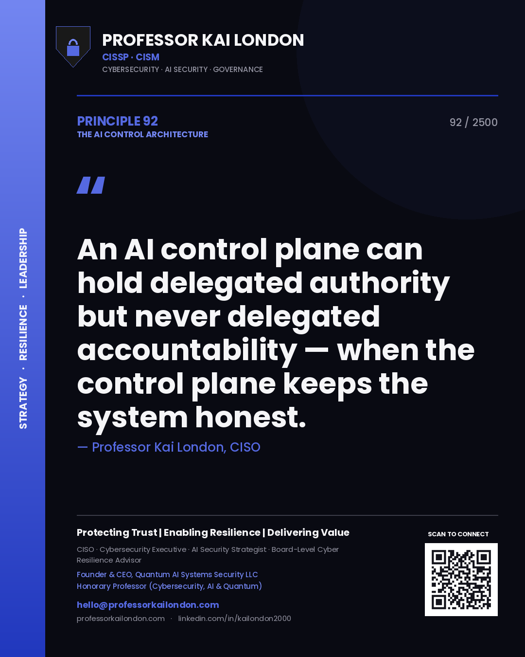 Professor Kai London principle 92: An AI control plane can hold delegated authority but never delegated accountability — when the control plane keeps the system honest.