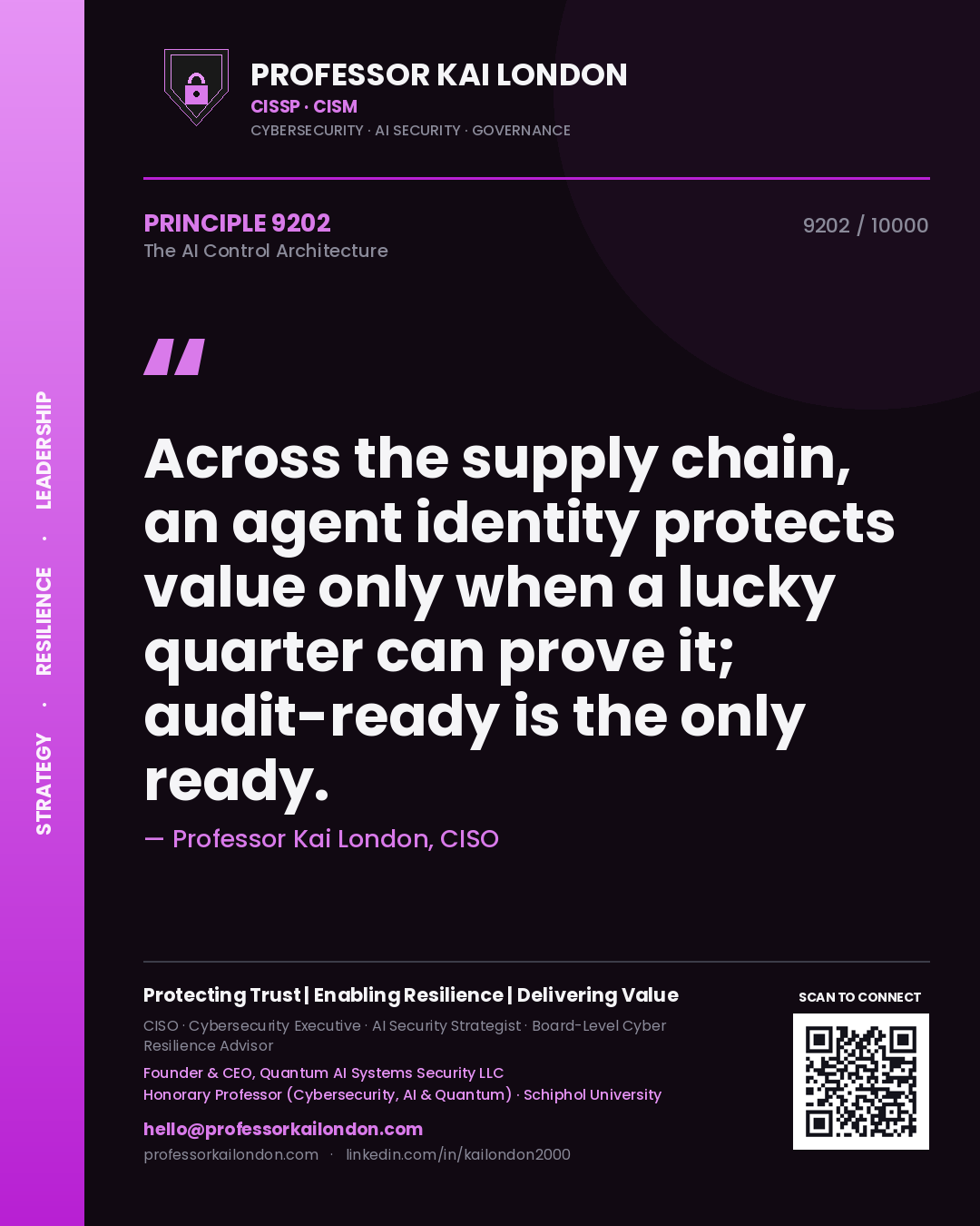 Quote card by Professor Kai London reading 'Across the supply chain, an agent identity protects value only when a lucky quarter can prove it; audit-ready is the only ready.'. From the book The AI Control Architecture.