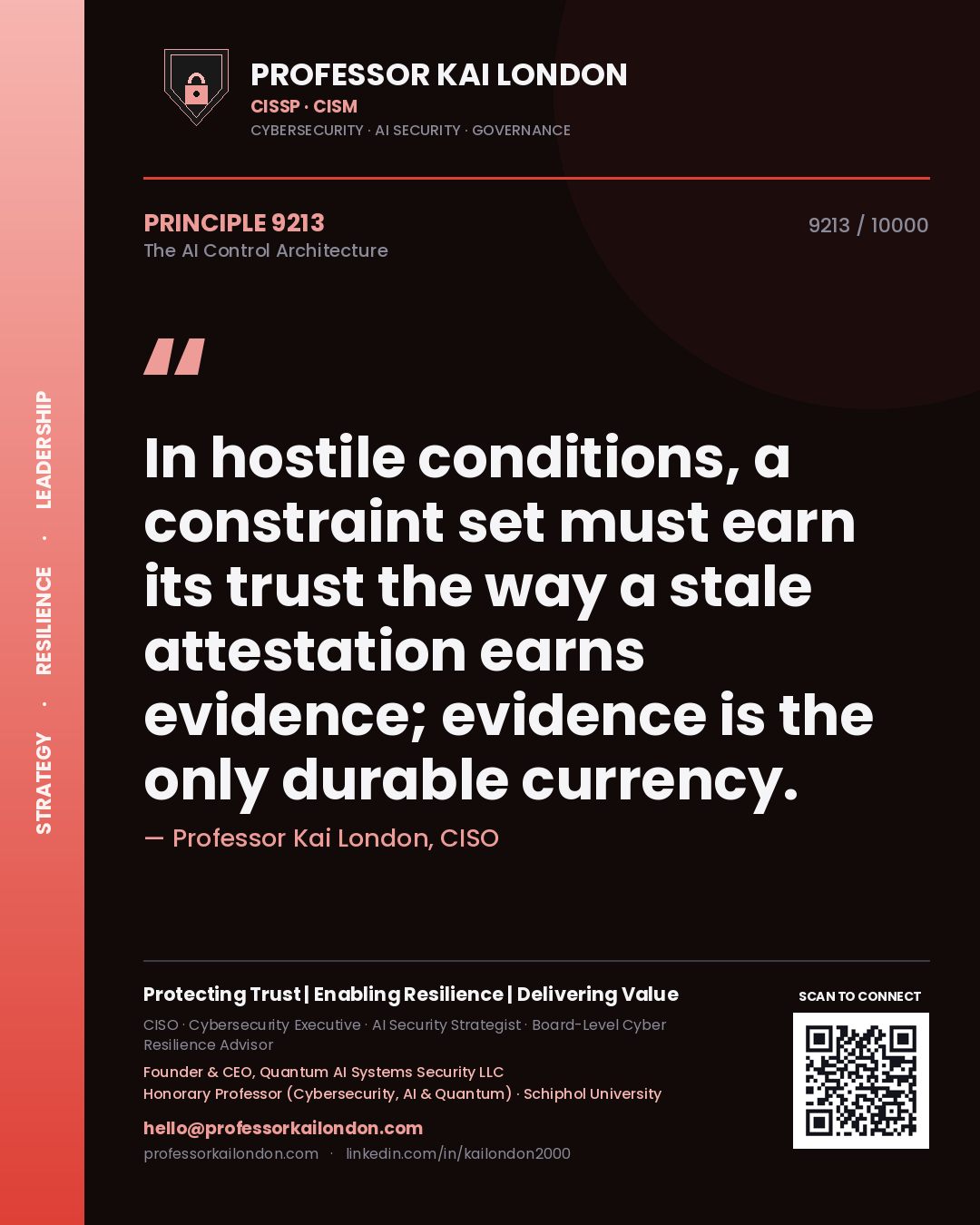 Quote card by Professor Kai London reading 'In hostile conditions, a constraint set must earn its trust the way a stale attestation earns evidence; evidence is the only durable currency.'. From the book The AI Control Architecture.