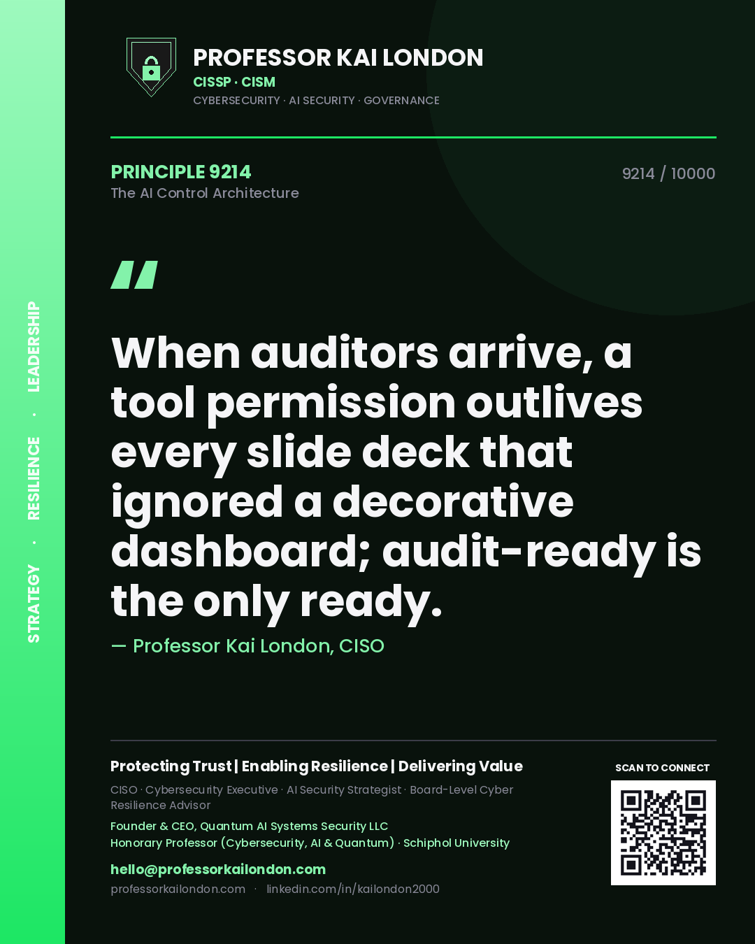 Professor Kai London principle 9214: When auditors arrive, a tool permission outlives every slide deck that ignored a decorative dashboard; audit-ready is the only ready.