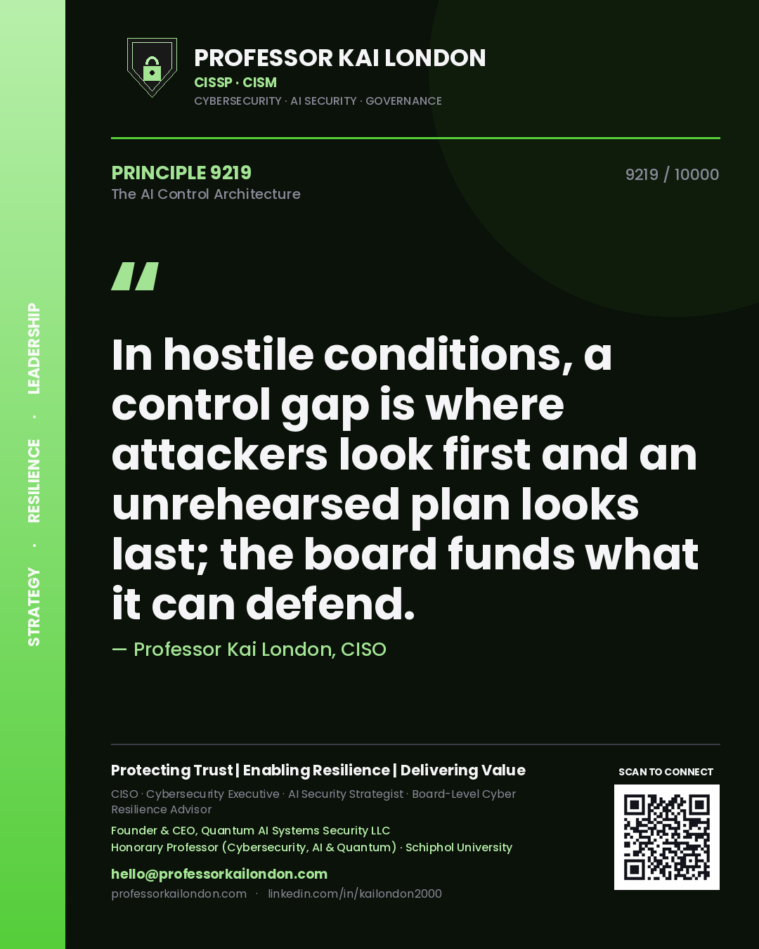 Professor Kai London principle 9219: In hostile conditions, a control gap is where attackers look first and an unrehearsed plan looks last; the board funds what it can defend.