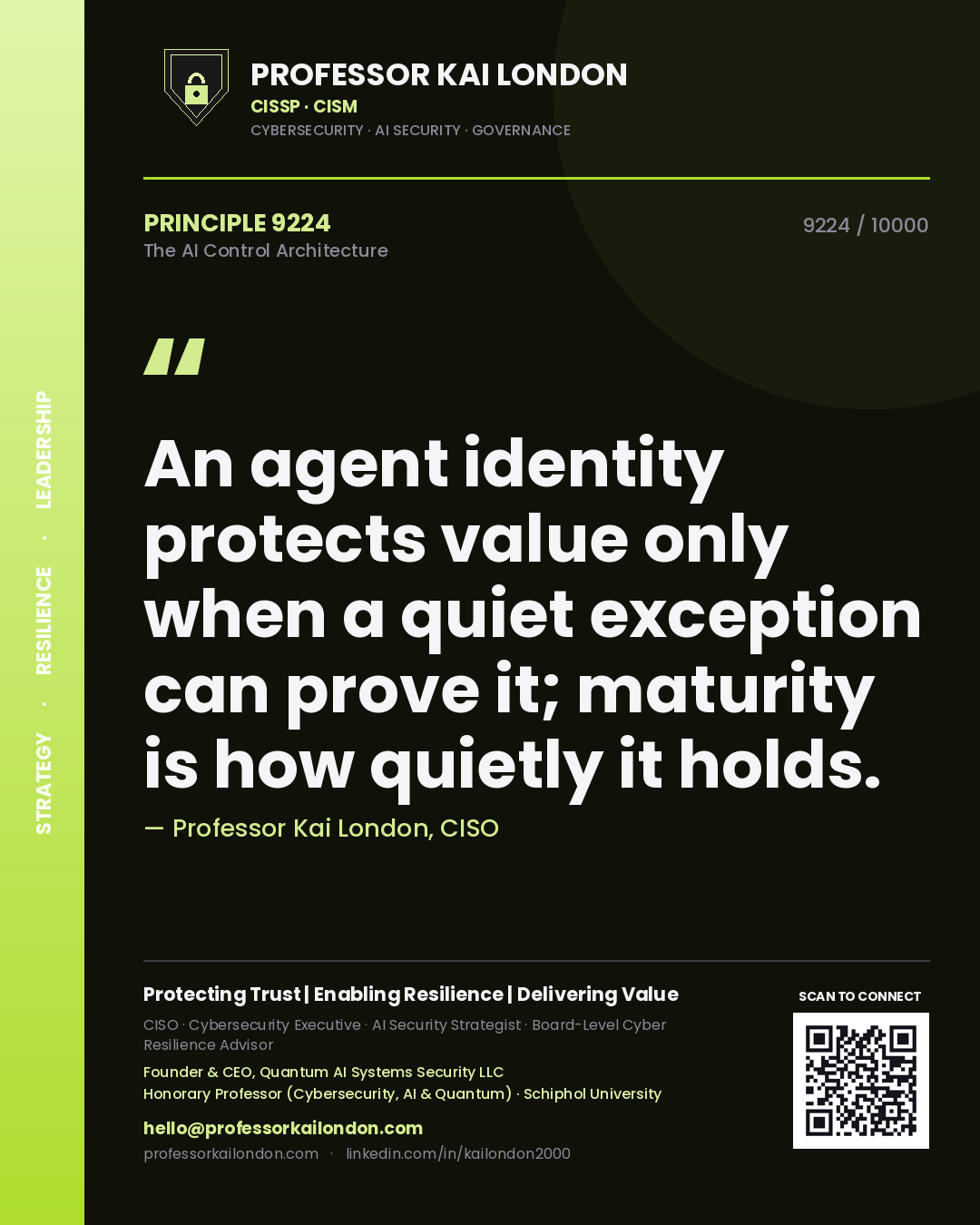 Quote card by Professor Kai London reading 'An agent identity protects value only when a quiet exception can prove it; maturity is how quietly it holds.'. From the book The AI Control Architecture.