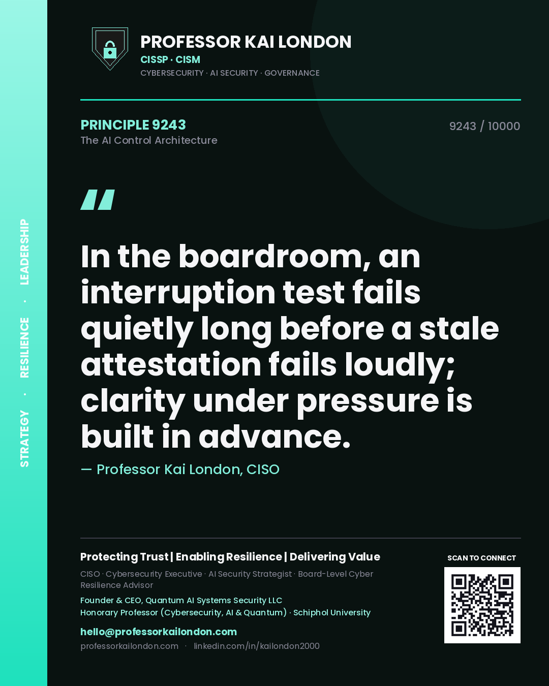Professor Kai London principle 9243: In the boardroom, an interruption test fails quietly long before a stale attestation fails loudly; clarity under pressure is built in advance.