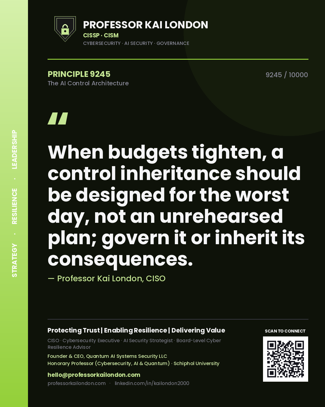 Professor Kai London principle 9245: When budgets tighten, a control inheritance should be designed for the worst day, not an unrehearsed plan; govern it or inherit its consequences.
