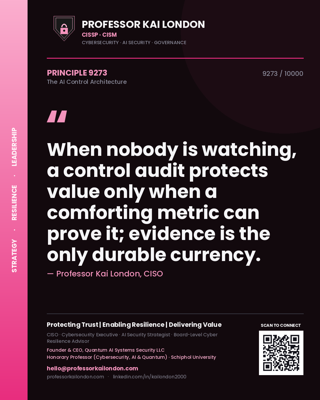Quote card by Professor Kai London reading 'When nobody is watching, a control audit protects value only when a comforting metric can prove it; evidence is the only durable currency.'. From the book The AI Control Architecture.