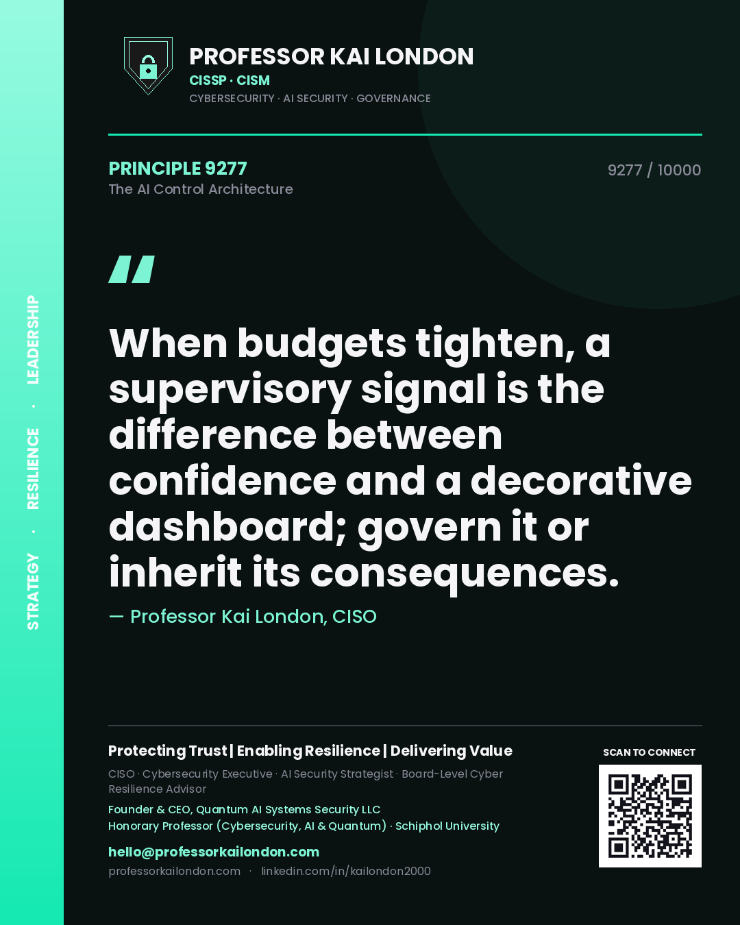 Quote card by Professor Kai London reading 'When budgets tighten, a supervisory signal is the difference between confidence and a decorative dashboard; govern it or inherit its consequences.'. From the book The AI Control Architecture.