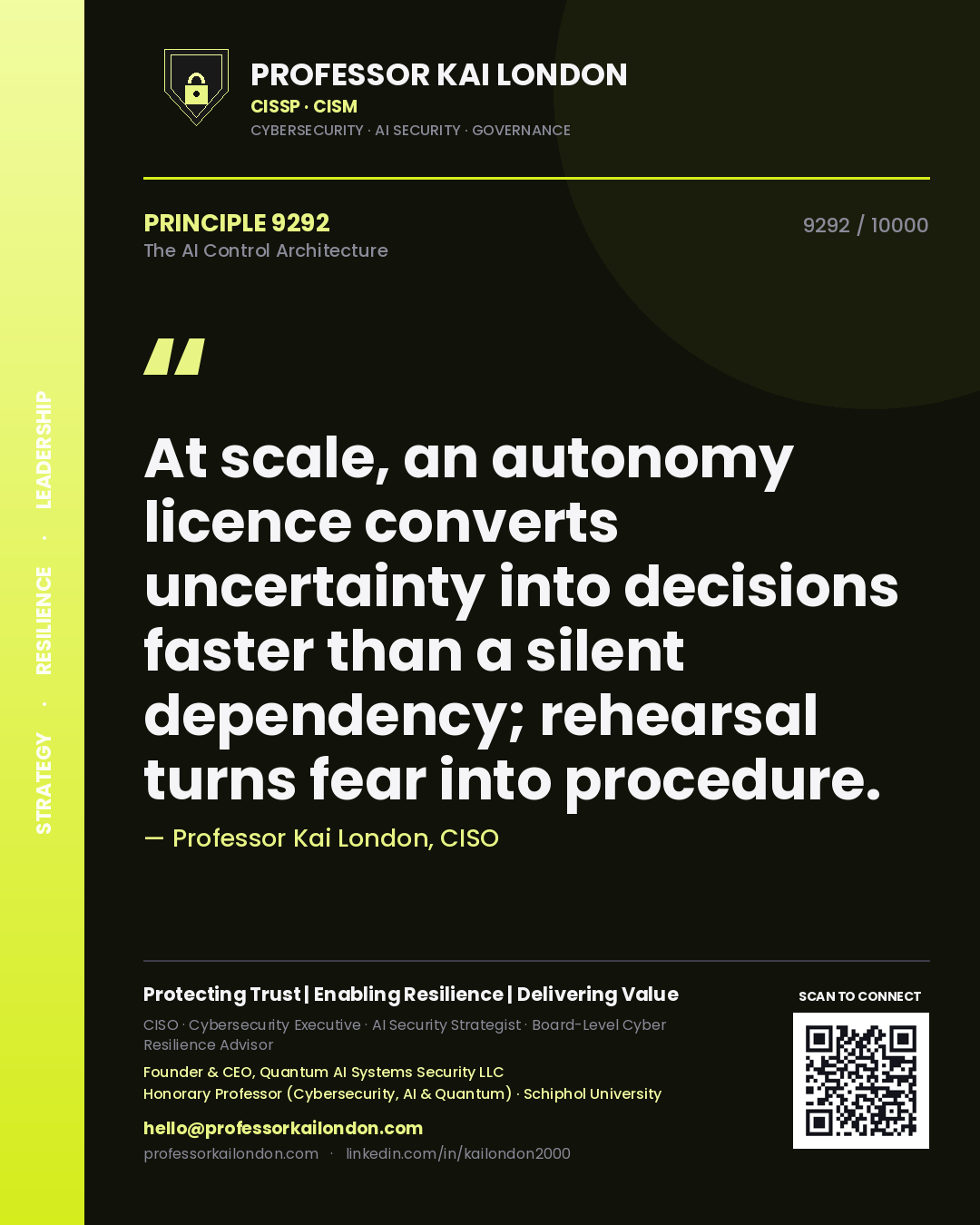 Quote card by Professor Kai London reading 'At scale, an autonomy licence converts uncertainty into decisions faster than a silent dependency; rehearsal turns fear into procedure.'. From the book The AI Control Architecture.