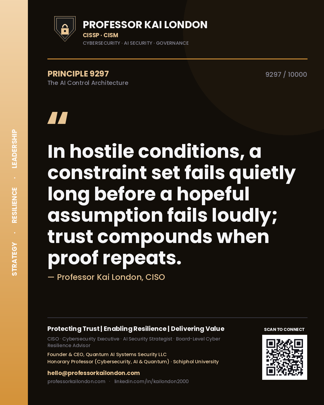 Professor Kai London principle 9297: In hostile conditions, a constraint set fails quietly long before a hopeful assumption fails loudly; trust compounds when proof repeats.