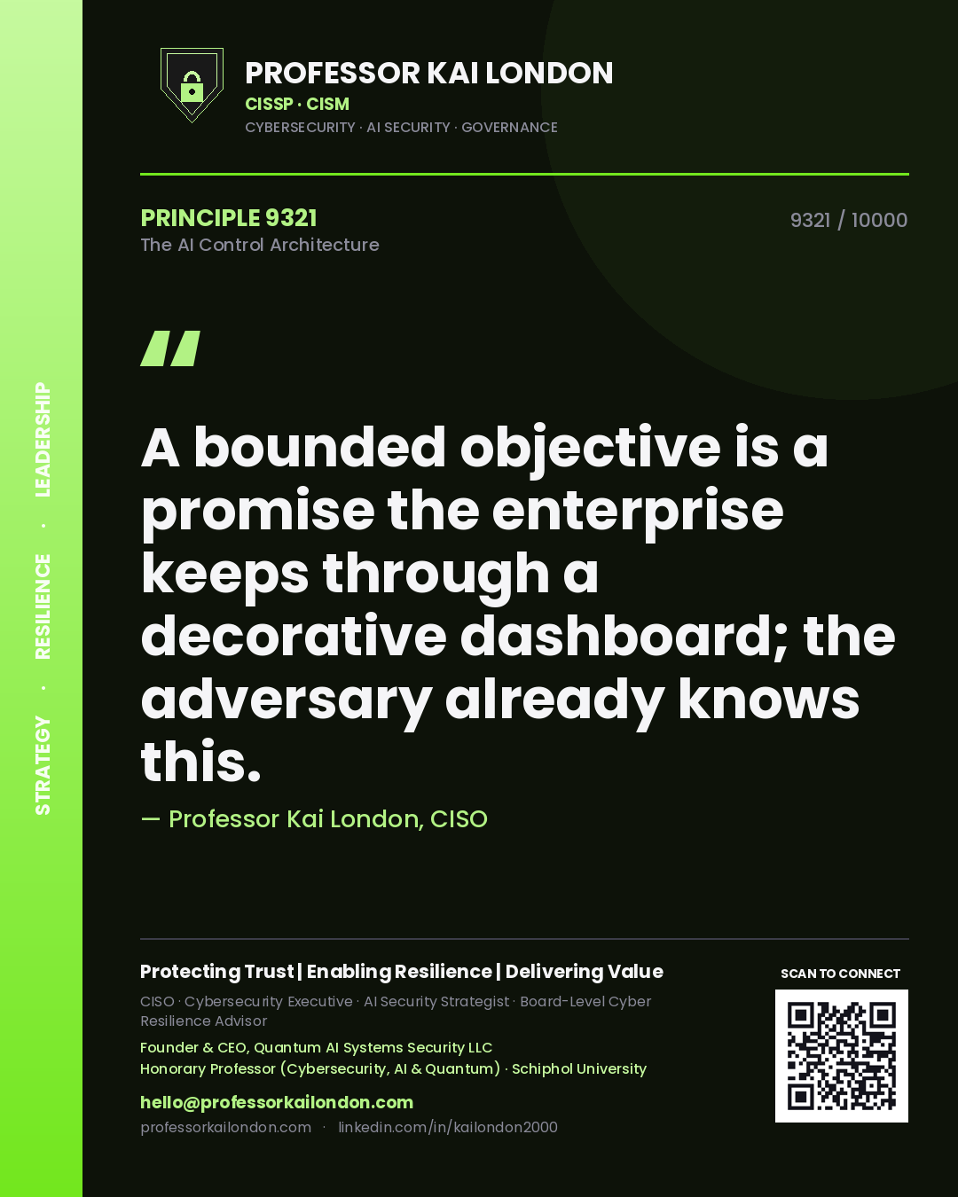Professor Kai London principle 9321: A bounded objective is a promise the enterprise keeps through a decorative dashboard; the adversary already knows this.