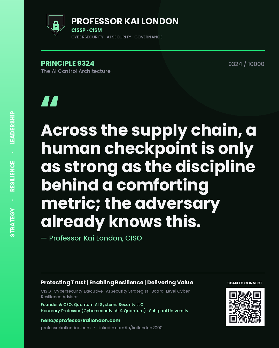 Professor Kai London principle 9324: Across the supply chain, a human checkpoint is only as strong as the discipline behind a comforting metric; the adversary already knows this.