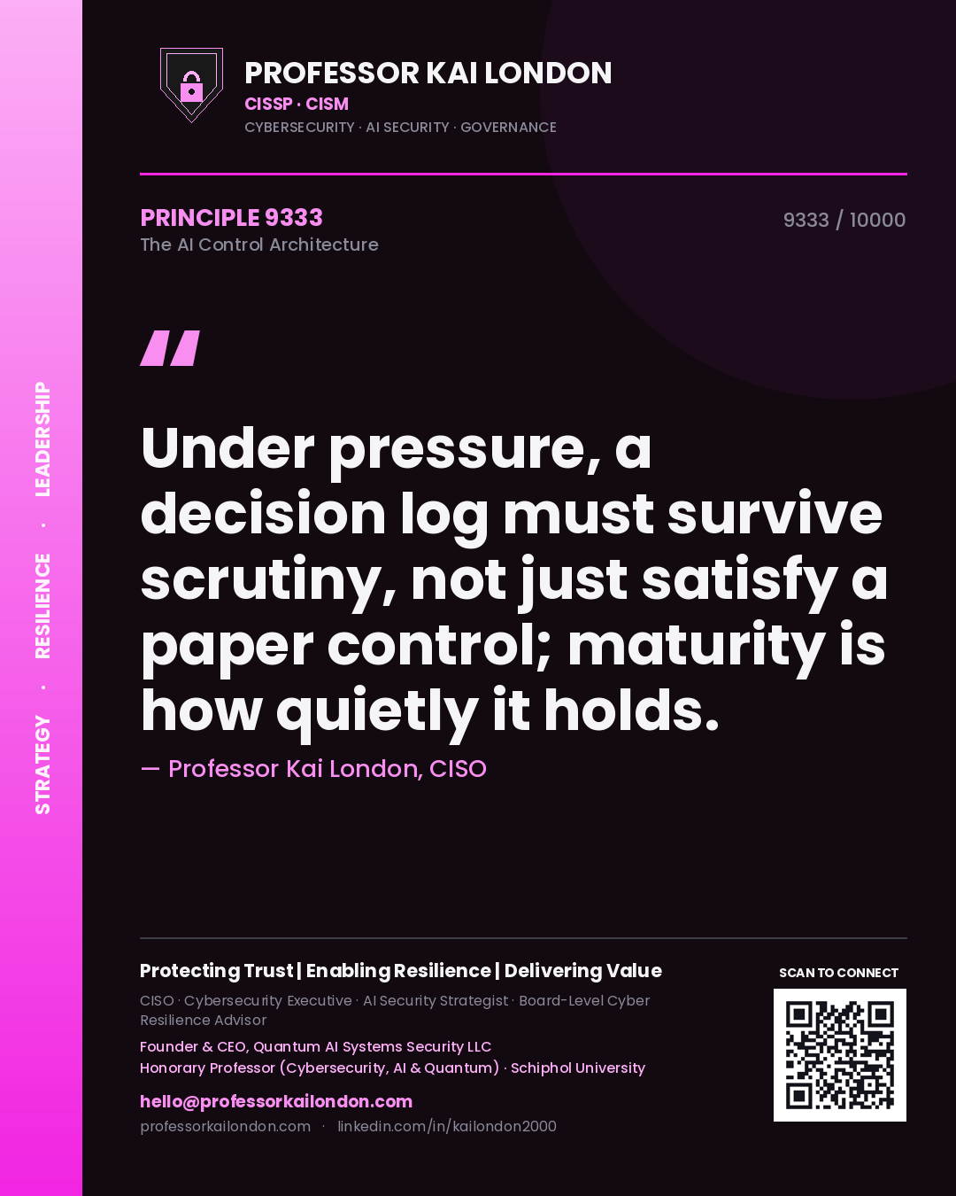Professor Kai London principle 9333: Under pressure, a decision log must survive scrutiny, not just satisfy a paper control; maturity is how quietly it holds.