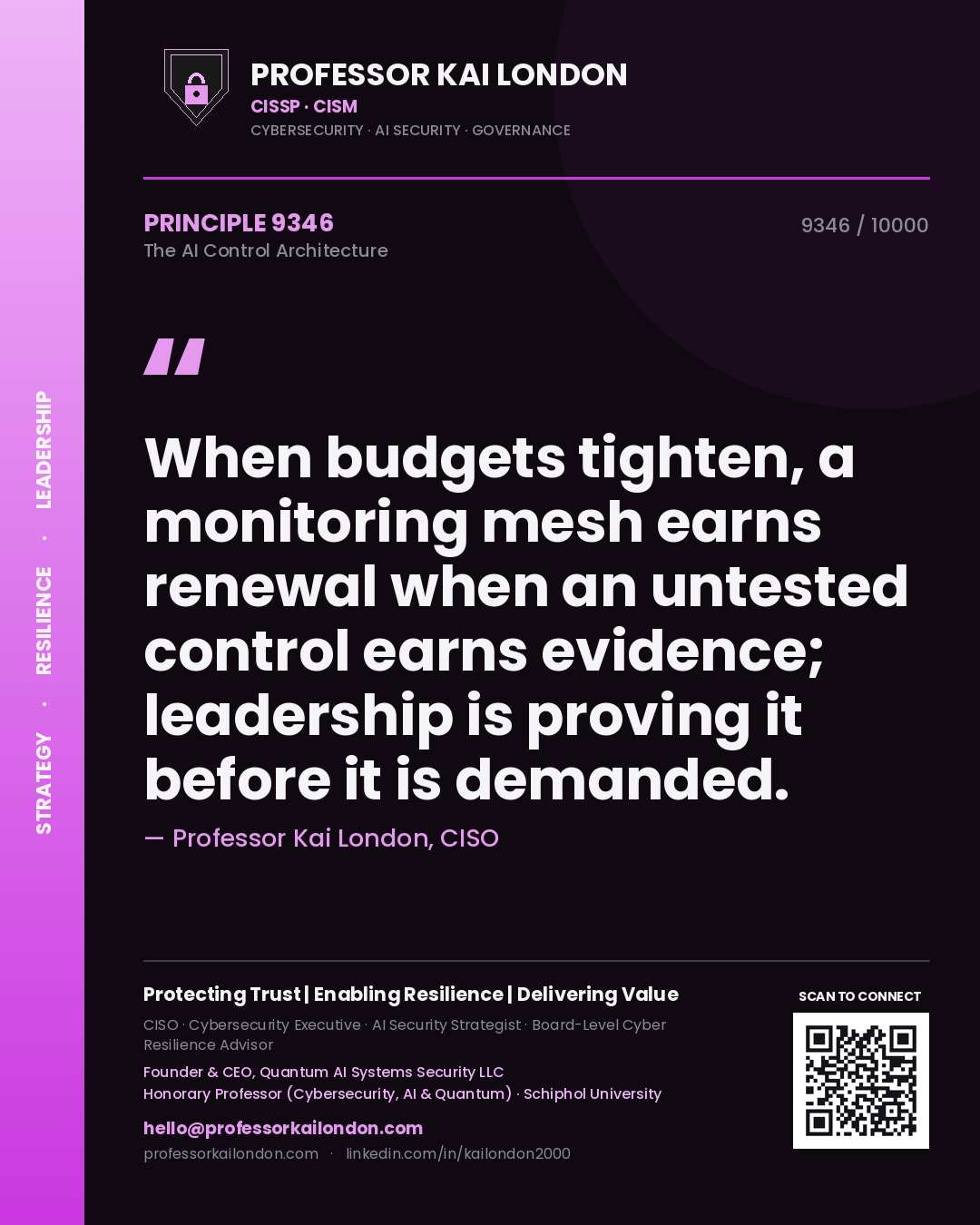 Professor Kai London principle 9346: When budgets tighten, a monitoring mesh earns renewal when an untested control earns evidence; leadership is proving it before it is demanded.