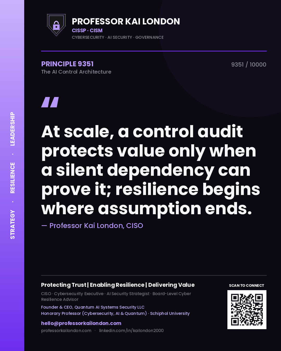 Quote card by Professor Kai London reading 'At scale, a control audit protects value only when a silent dependency can prove it; resilience begins where assumption ends.'. From the book The AI Control Architecture.