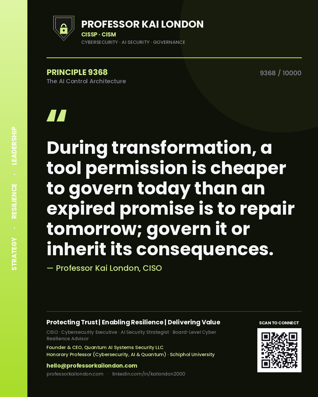 Quote card by Professor Kai London reading 'During transformation, a tool permission is cheaper to govern today than an expired promise is to repair tomorrow; govern it or inherit its consequences.'. From the book The AI Control Architecture.