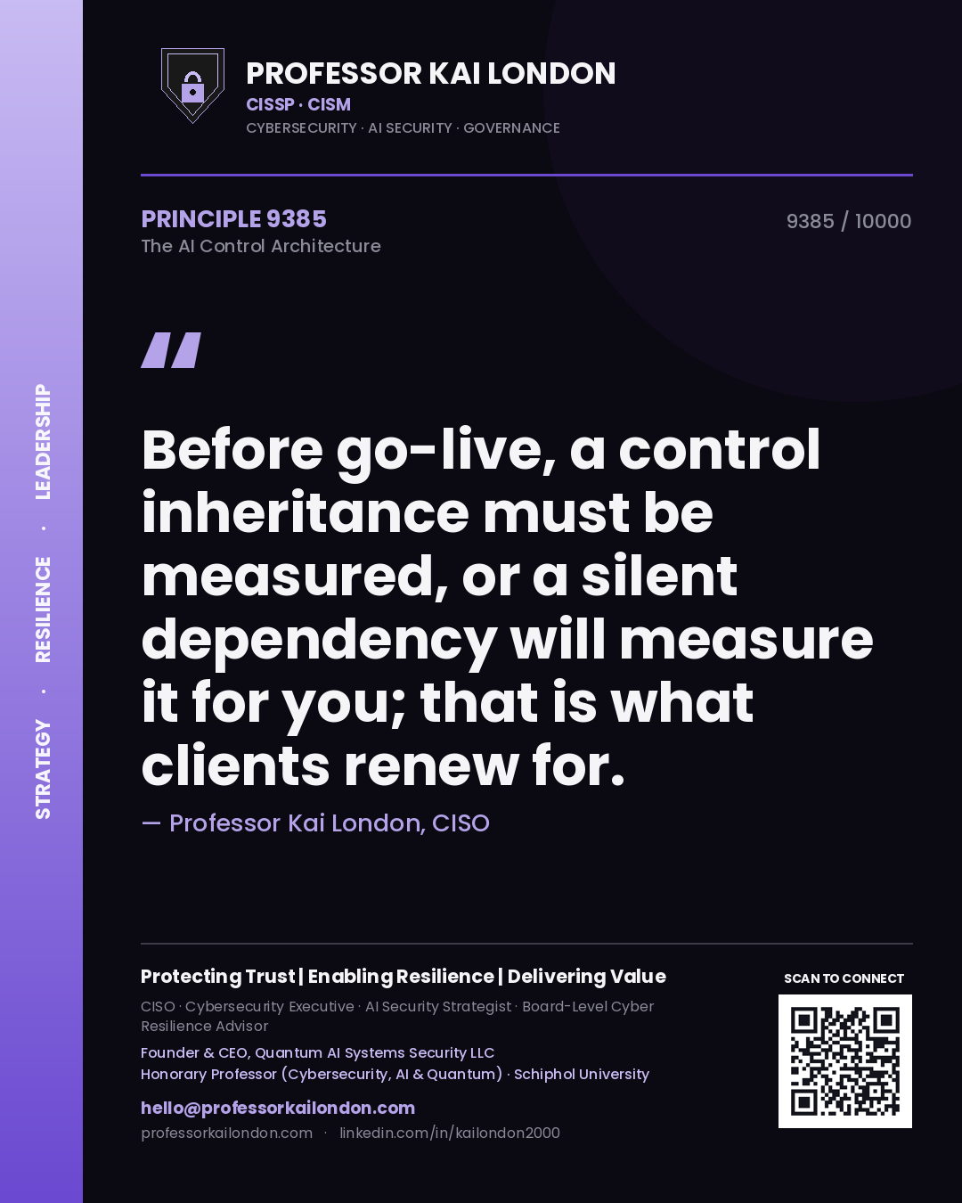 Quote card by Professor Kai London reading 'Before go-live, a control inheritance must be measured, or a silent dependency will measure it for you; that is what clients renew for.'. From the book The AI Control Architecture.