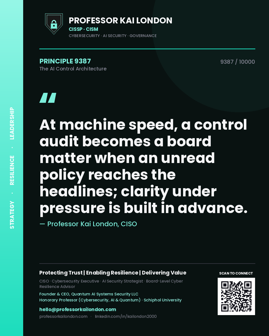 Professor Kai London principle 9387: At machine speed, a control audit becomes a board matter when an unread policy reaches the headlines; clarity under pressure is built in advance.