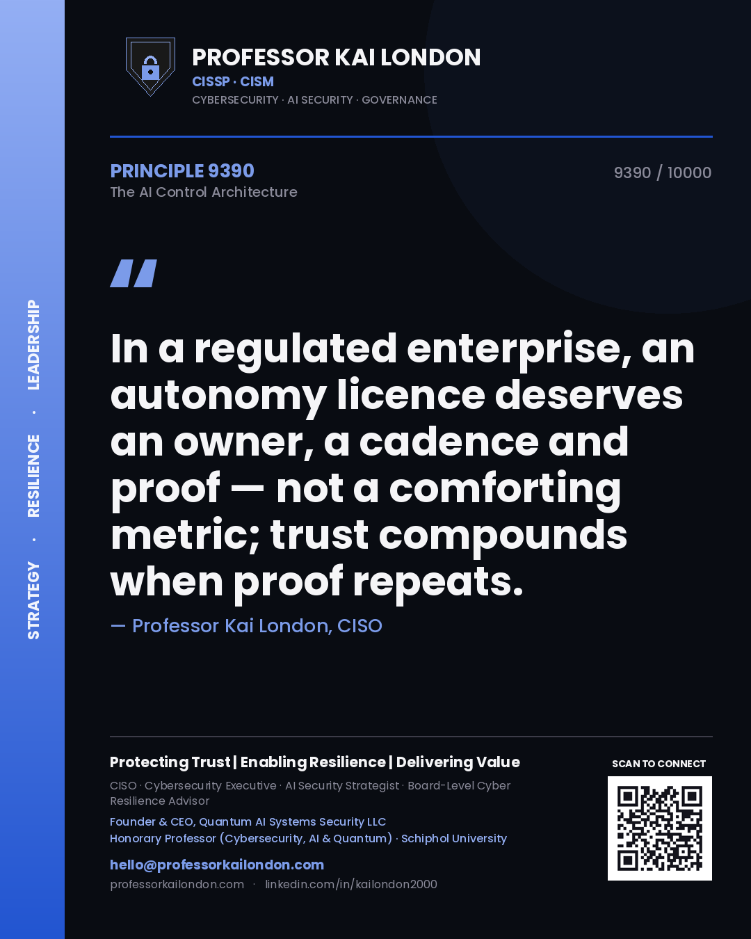 Professor Kai London principle 9390: In a regulated enterprise, an autonomy licence deserves an owner, a cadence and proof — not a comforting metric; trust compounds when proof repeats.