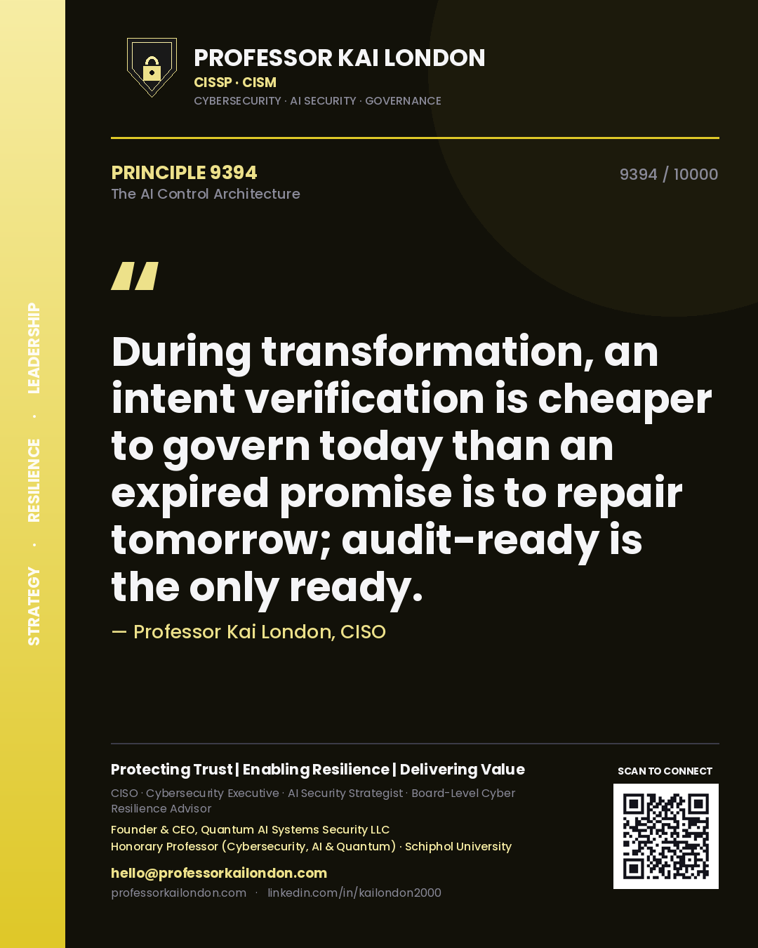 Professor Kai London principle 9394: During transformation, an intent verification is cheaper to govern today than an expired promise is to repair tomorrow; audit-ready is the only ready.