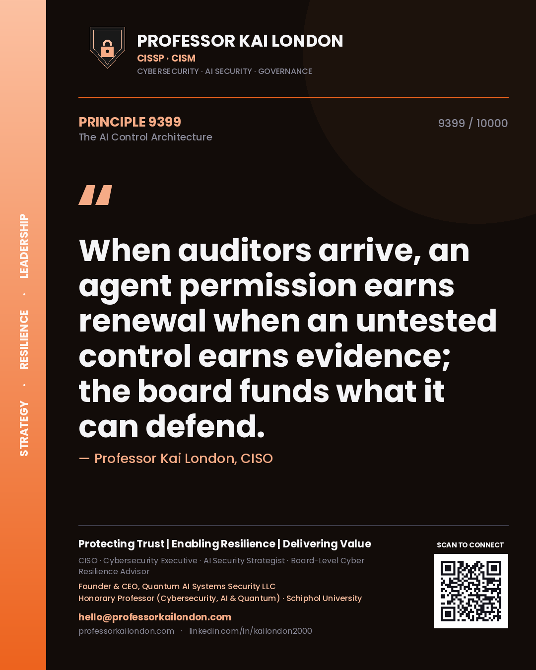 Professor Kai London principle 9399: When auditors arrive, an agent permission earns renewal when an untested control earns evidence; the board funds what it can defend.