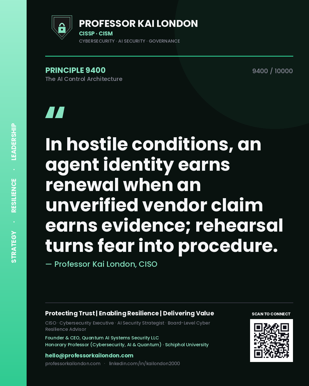 Quote card by Professor Kai London reading 'In hostile conditions, an agent identity earns renewal when an unverified vendor claim earns evidence; rehearsal turns fear into procedure.'. From the book The AI Control Architecture.