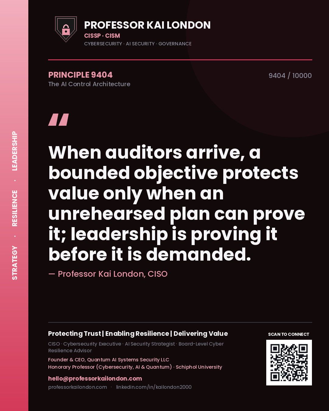 Professor Kai London principle 9404: When auditors arrive, a bounded objective protects value only when an unrehearsed plan can prove it; leadership is proving it before it is demanded.