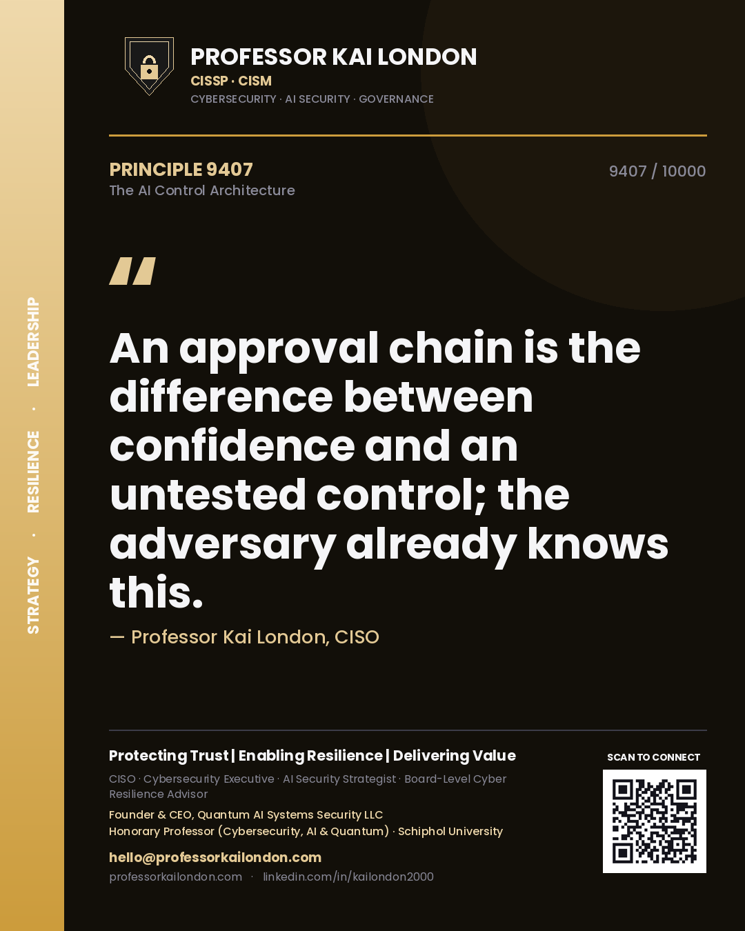 Quote card by Professor Kai London reading 'An approval chain is the difference between confidence and an untested control; the adversary already knows this.'. From the book The AI Control Architecture.