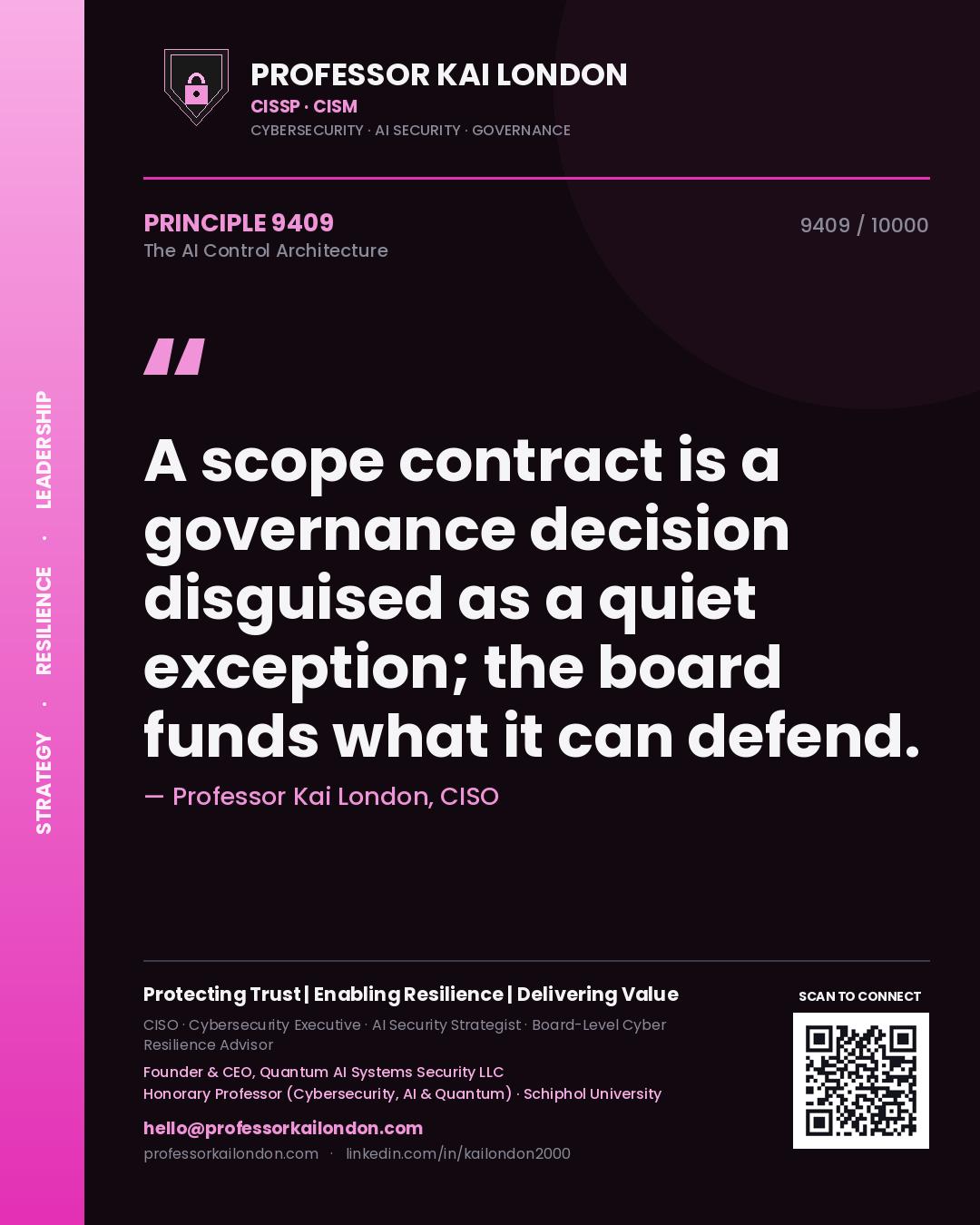 Professor Kai London principle 9409: A scope contract is a governance decision disguised as a quiet exception; the board funds what it can defend.