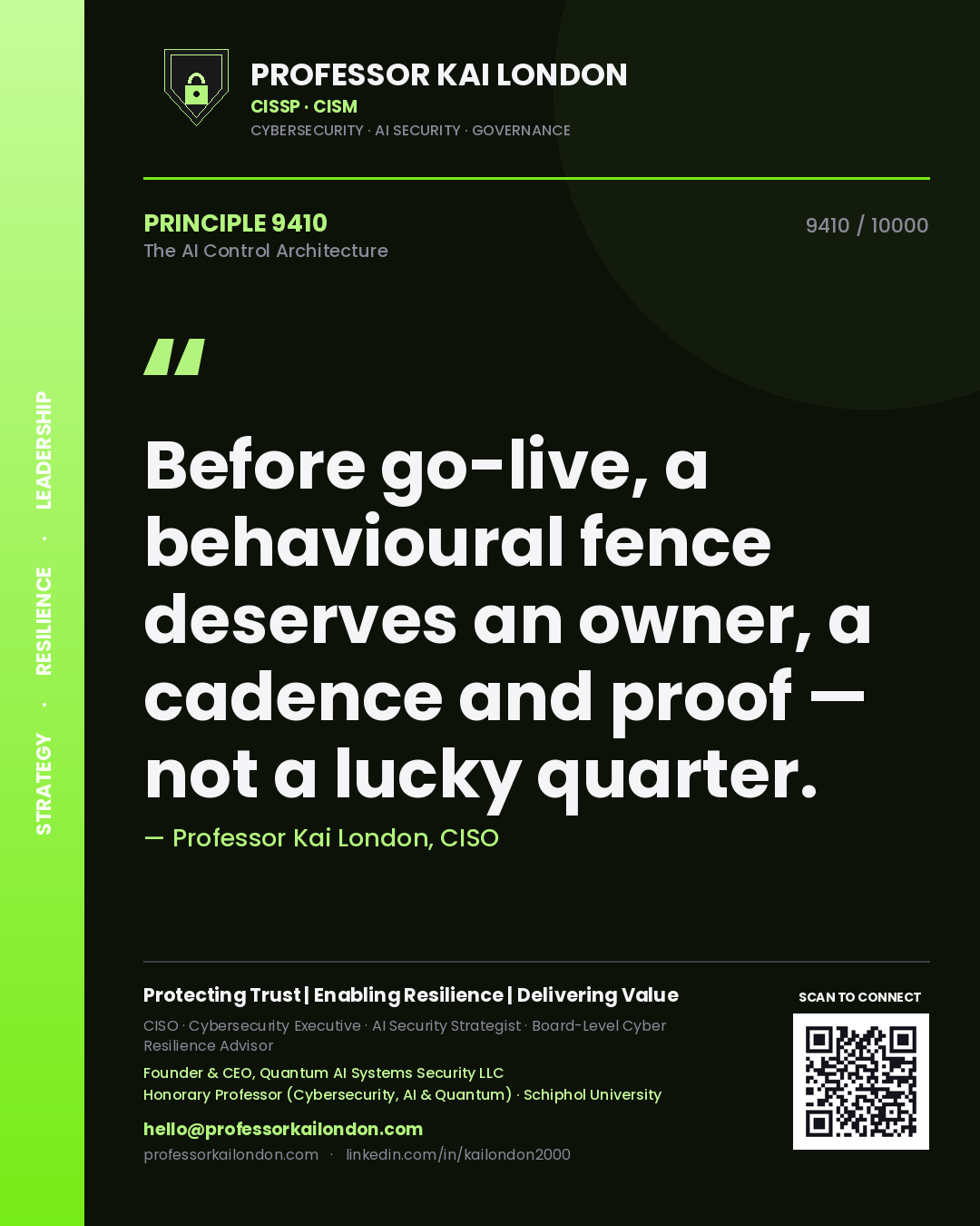 Quote card by Professor Kai London reading 'Before go-live, a behavioural fence deserves an owner, a cadence and proof — not a lucky quarter.'. From the book The AI Control Architecture.