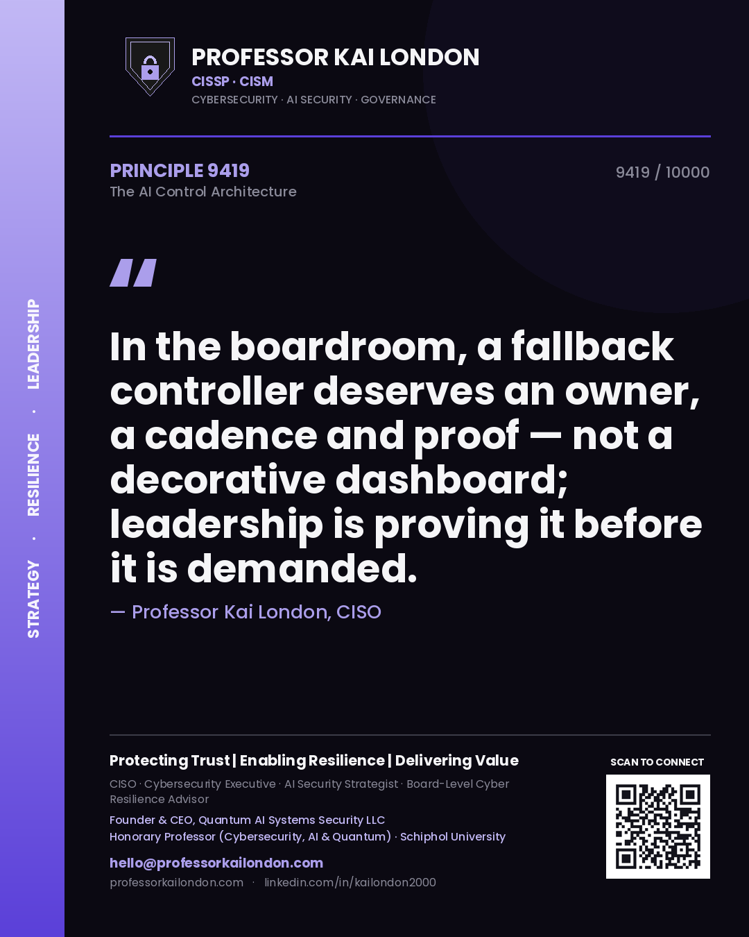 Quote card by Professor Kai London reading 'In the boardroom, a fallback controller deserves an owner, a cadence and proof — not a decorative dashboard; leadership is proving it before it is demanded.'. From the book The AI Control Architecture.