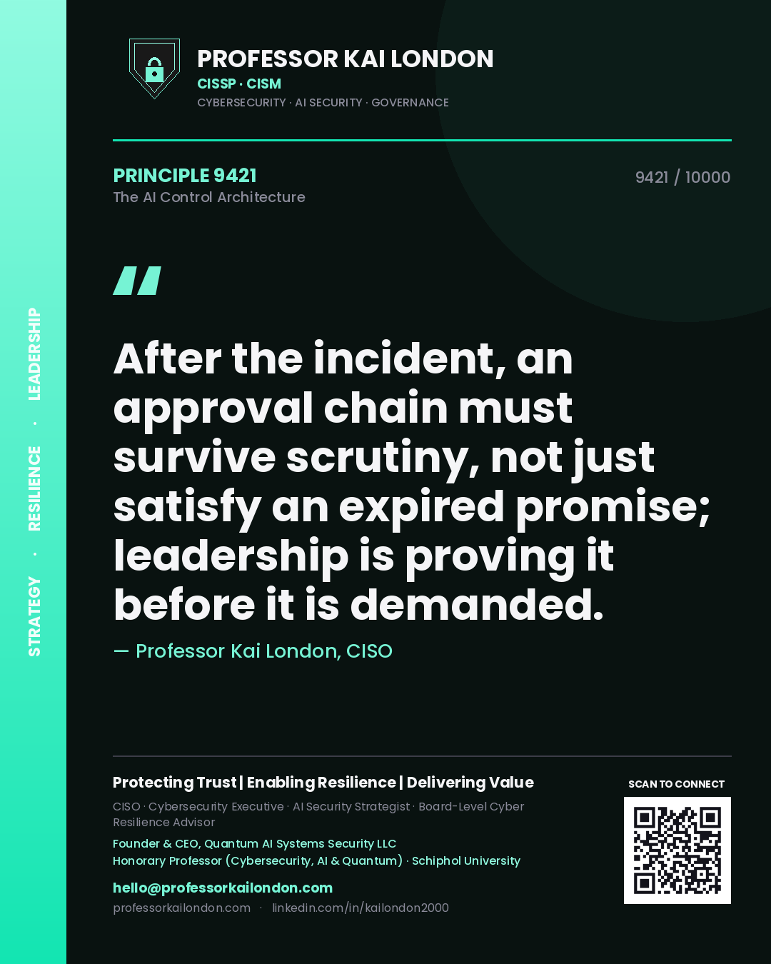 Quote card by Professor Kai London reading 'After the incident, an approval chain must survive scrutiny, not just satisfy an expired promise; leadership is proving it before it is demanded.'. From the book The AI Control Architecture.