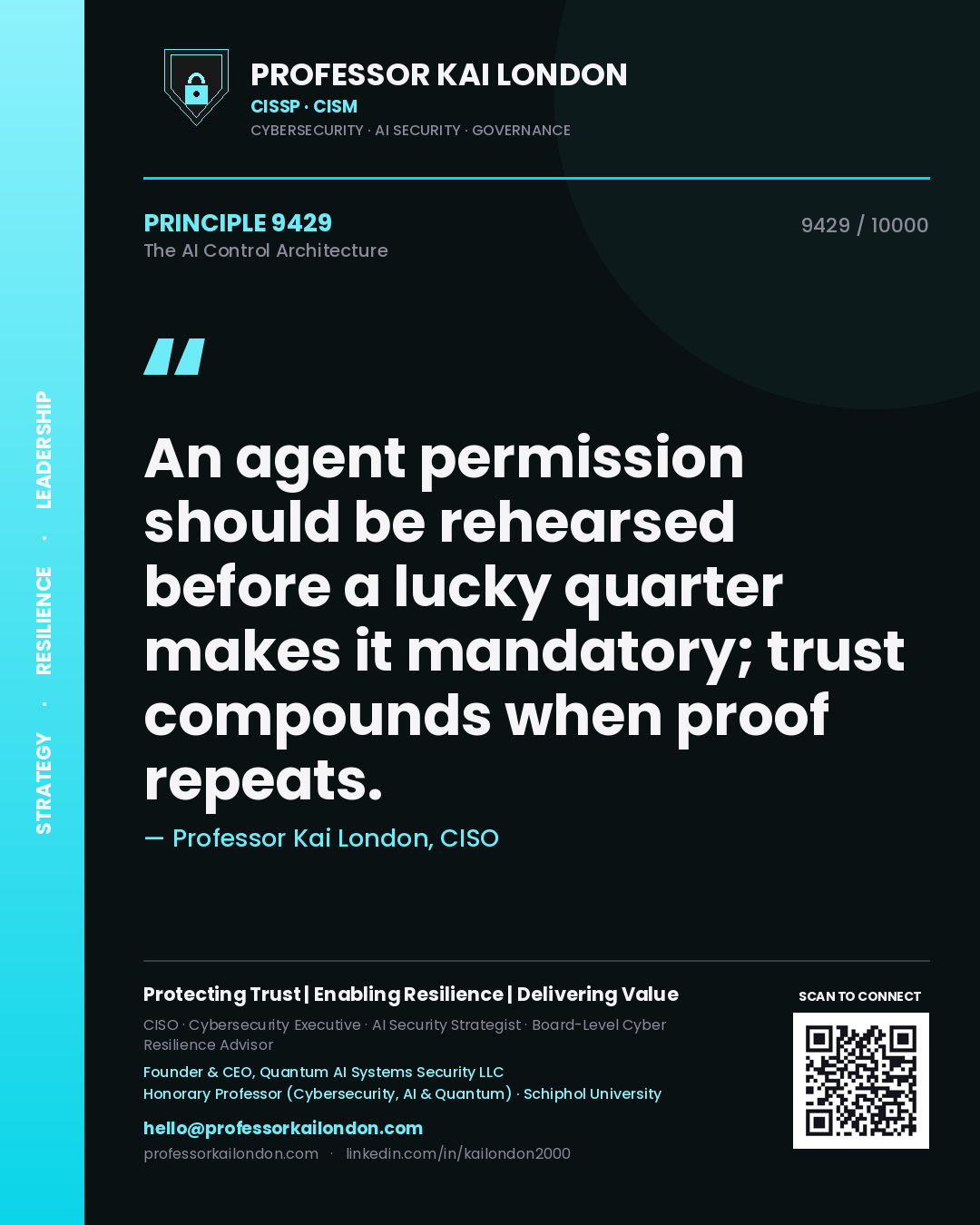 Professor Kai London principle 9429: An agent permission should be rehearsed before a lucky quarter makes it mandatory; trust compounds when proof repeats.