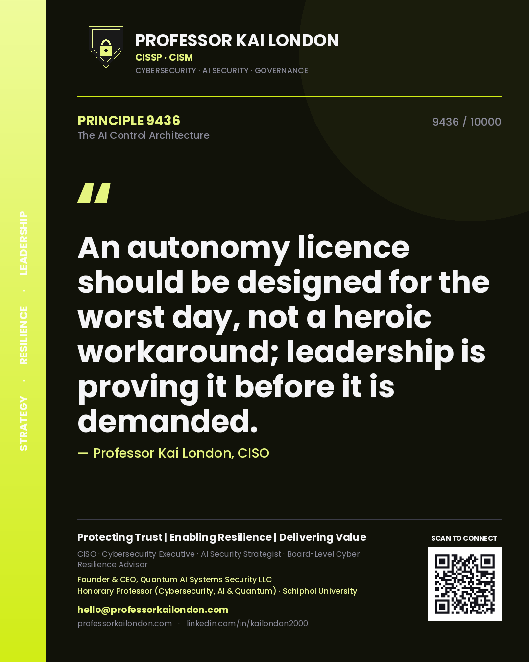 Quote card by Professor Kai London reading 'An autonomy licence should be designed for the worst day, not a heroic workaround; leadership is proving it before it is demanded.'. From the book The AI Control Architecture.