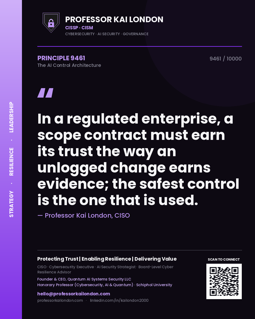 Professor Kai London principle 9461: In a regulated enterprise, a scope contract must earn its trust the way an unlogged change earns evidence; the safest control is the one that is used.