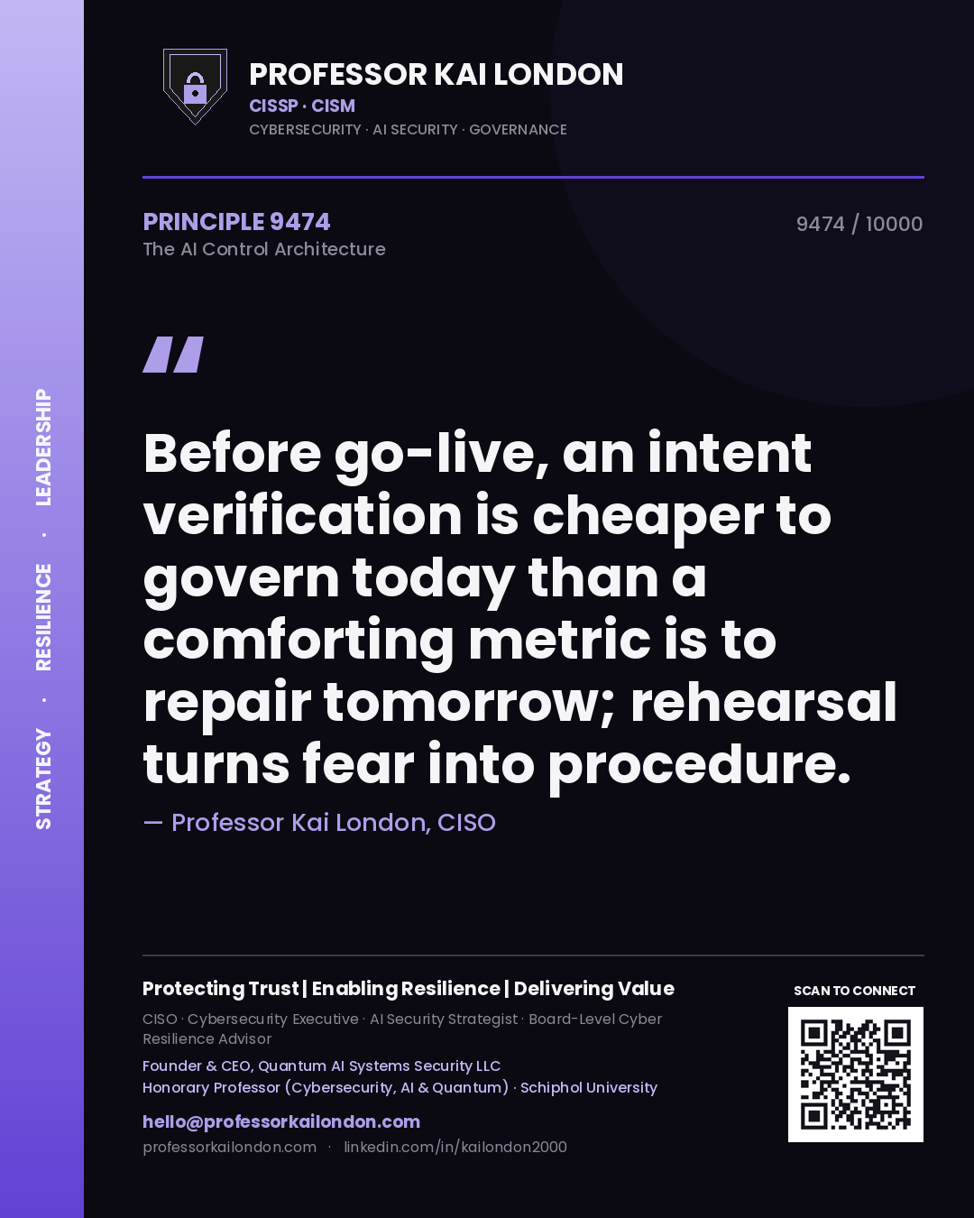 Professor Kai London principle 9474: Before go-live, an intent verification is cheaper to govern today than a comforting metric is to repair tomorrow; rehearsal turns fear into procedure.