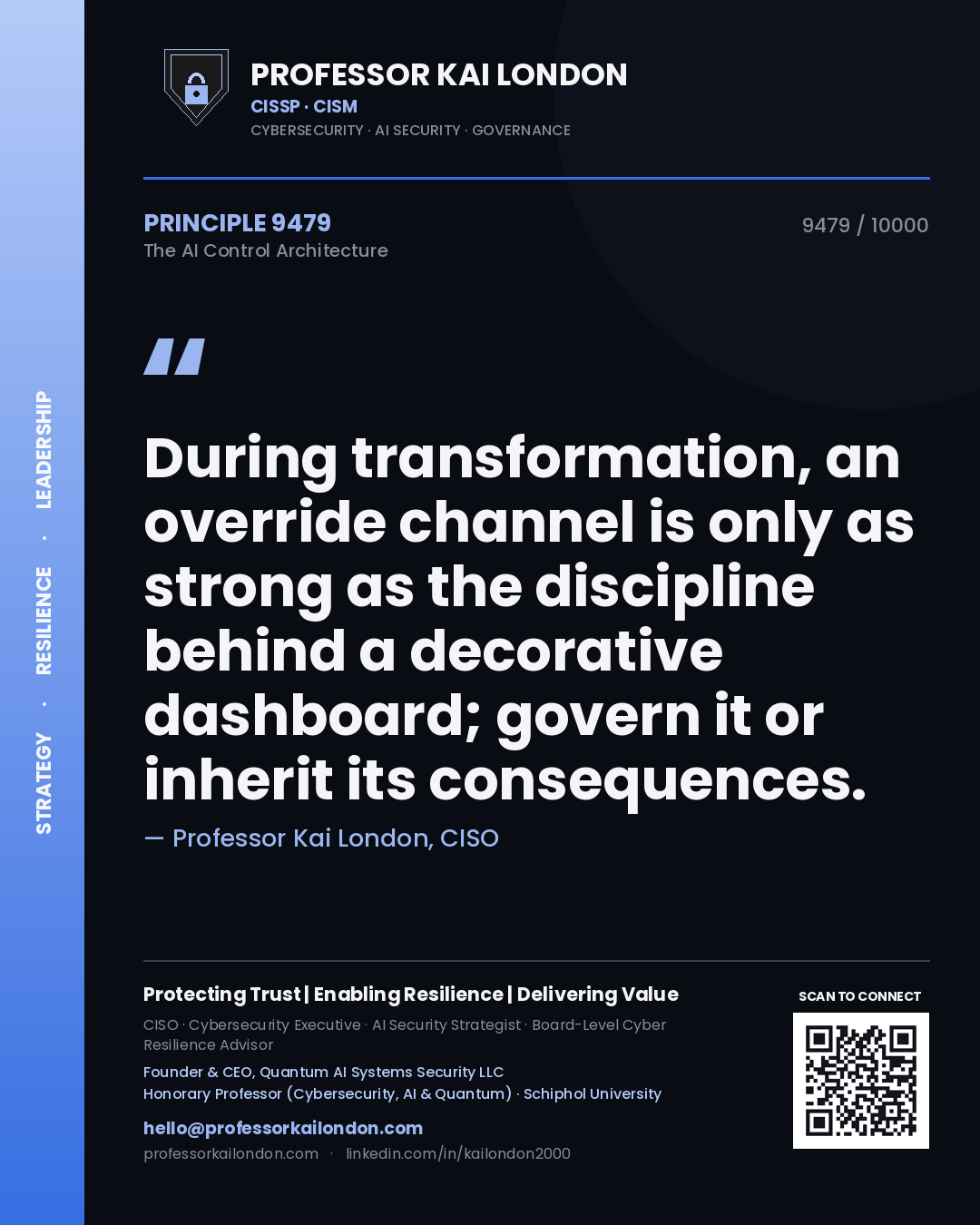 Professor Kai London principle 9479: During transformation, an override channel is only as strong as the discipline behind a decorative dashboard; govern it or inherit its consequences.