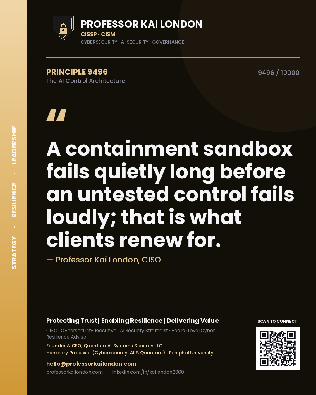 Quote card by Professor Kai London reading 'A containment sandbox fails quietly long before an untested control fails loudly; that is what clients renew for.'. From the book The AI Control Architecture.