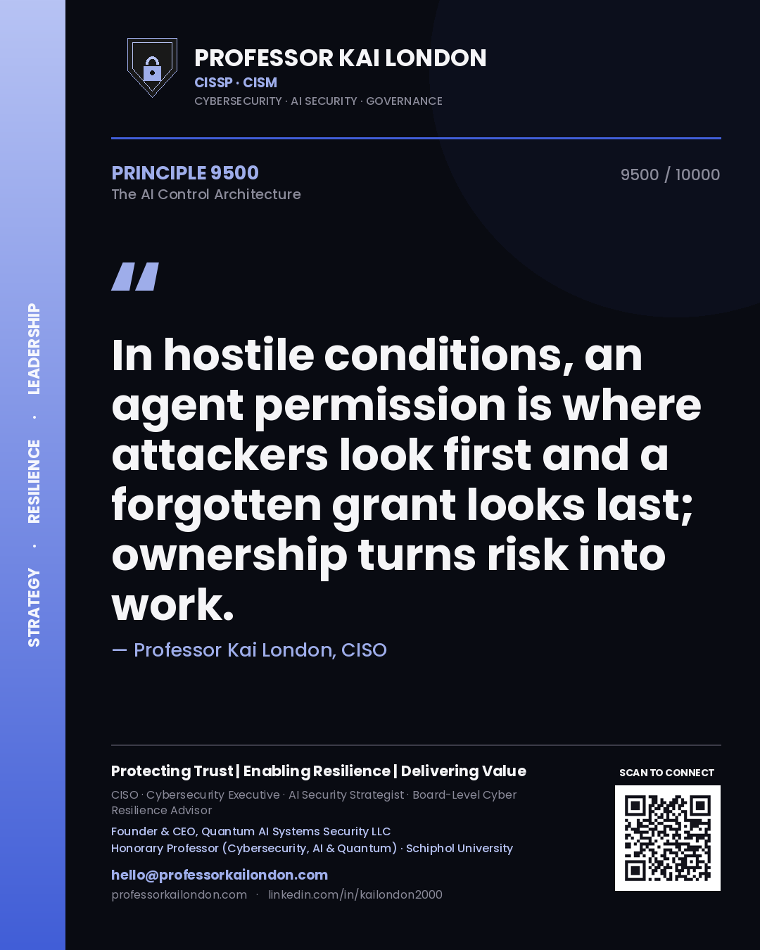 Professor Kai London principle 9500: In hostile conditions, an agent permission is where attackers look first and a forgotten grant looks last; ownership turns risk into work.