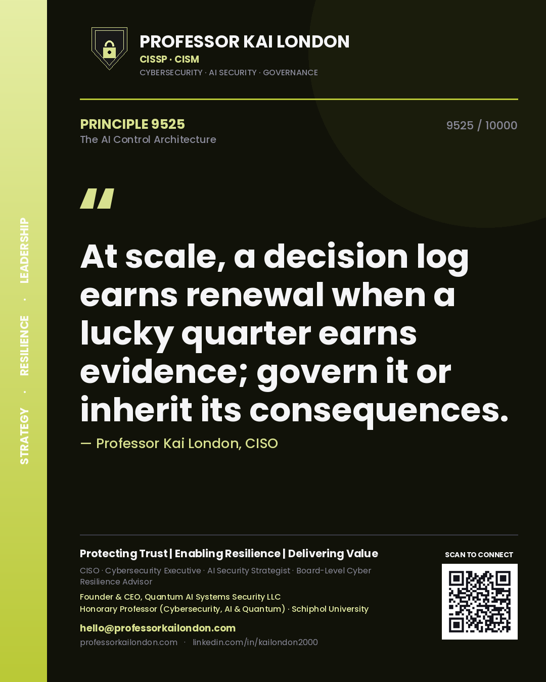 Quote card by Professor Kai London reading 'At scale, a decision log earns renewal when a lucky quarter earns evidence; govern it or inherit its consequences.'. From the book The AI Control Architecture.
